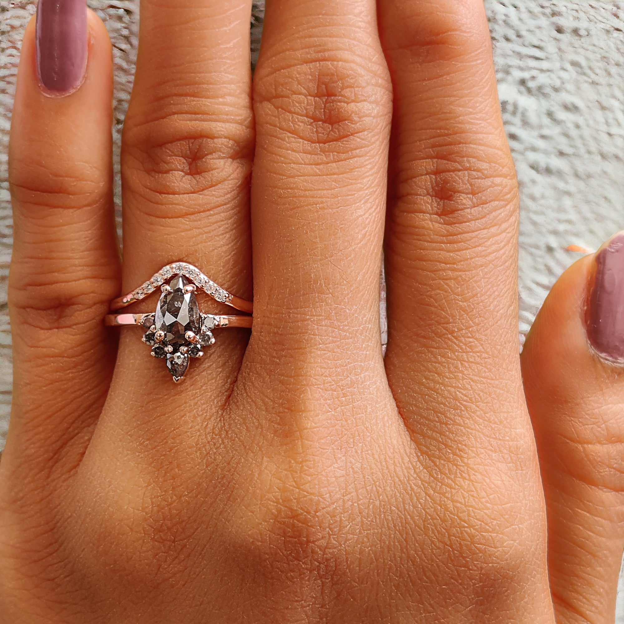 Pear Cut Salt And Pepper Diamond Ring 0.96 Ct 7.90 MM Pear Diamond Ring 14K Solid Rose Gold Silver Pear Engagement Ring Gift For Her QL1526