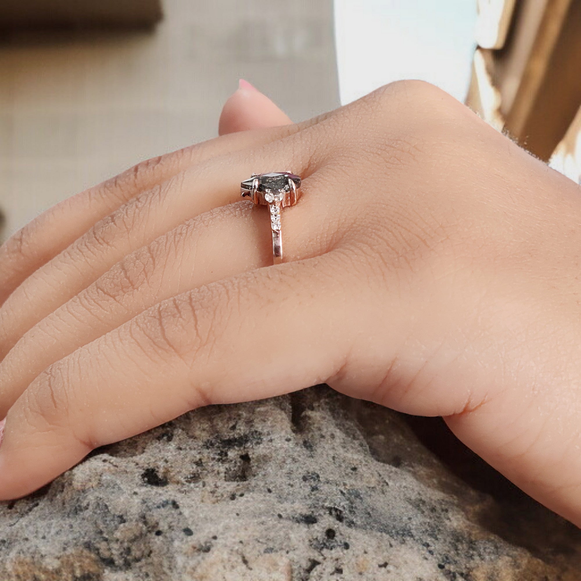 Pear Cut Salt And Pepper Diamond Ring 0.62 Ct 8.20 MM Pear Diamond Ring 14K Solid Rose Gold Silver Pear Engagement Ring Gift For Her QL1574