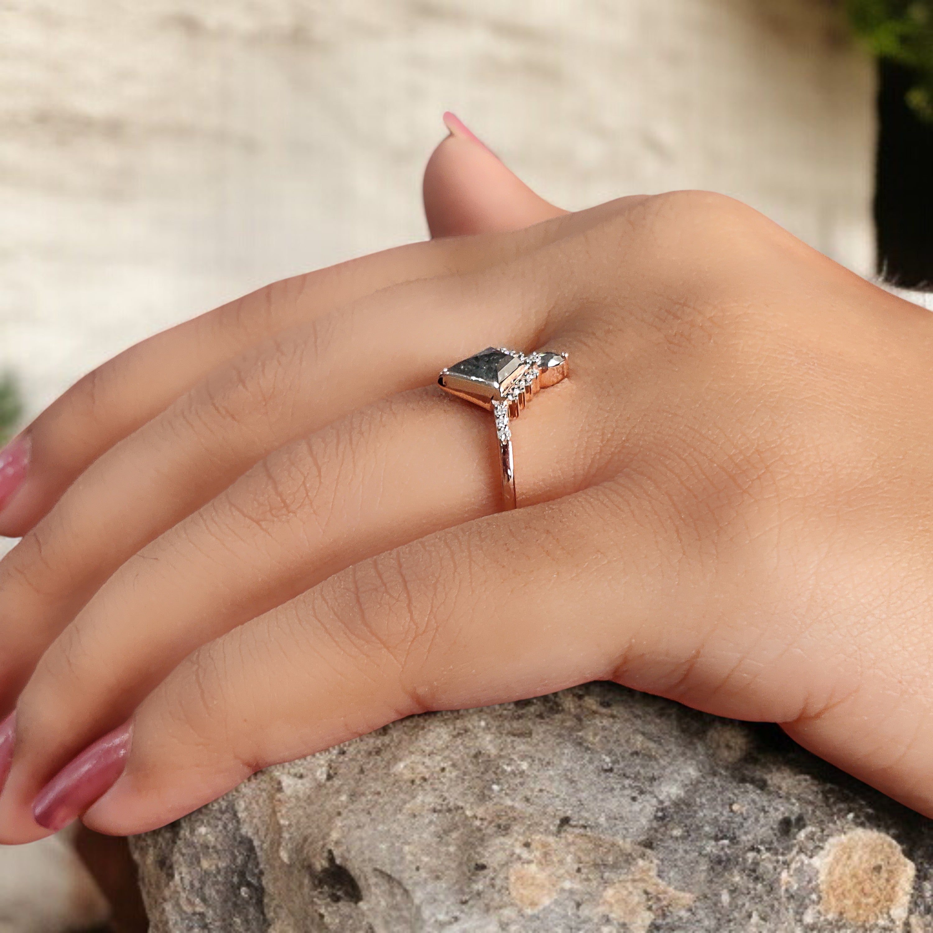 Kite Cut Salt And Pepper Diamond Ring 0.60 Ct 7.20 MM Kite Diamond Ring 14K Solid Rose Gold Silver Kite Engagement Ring Gift For Her QN2095