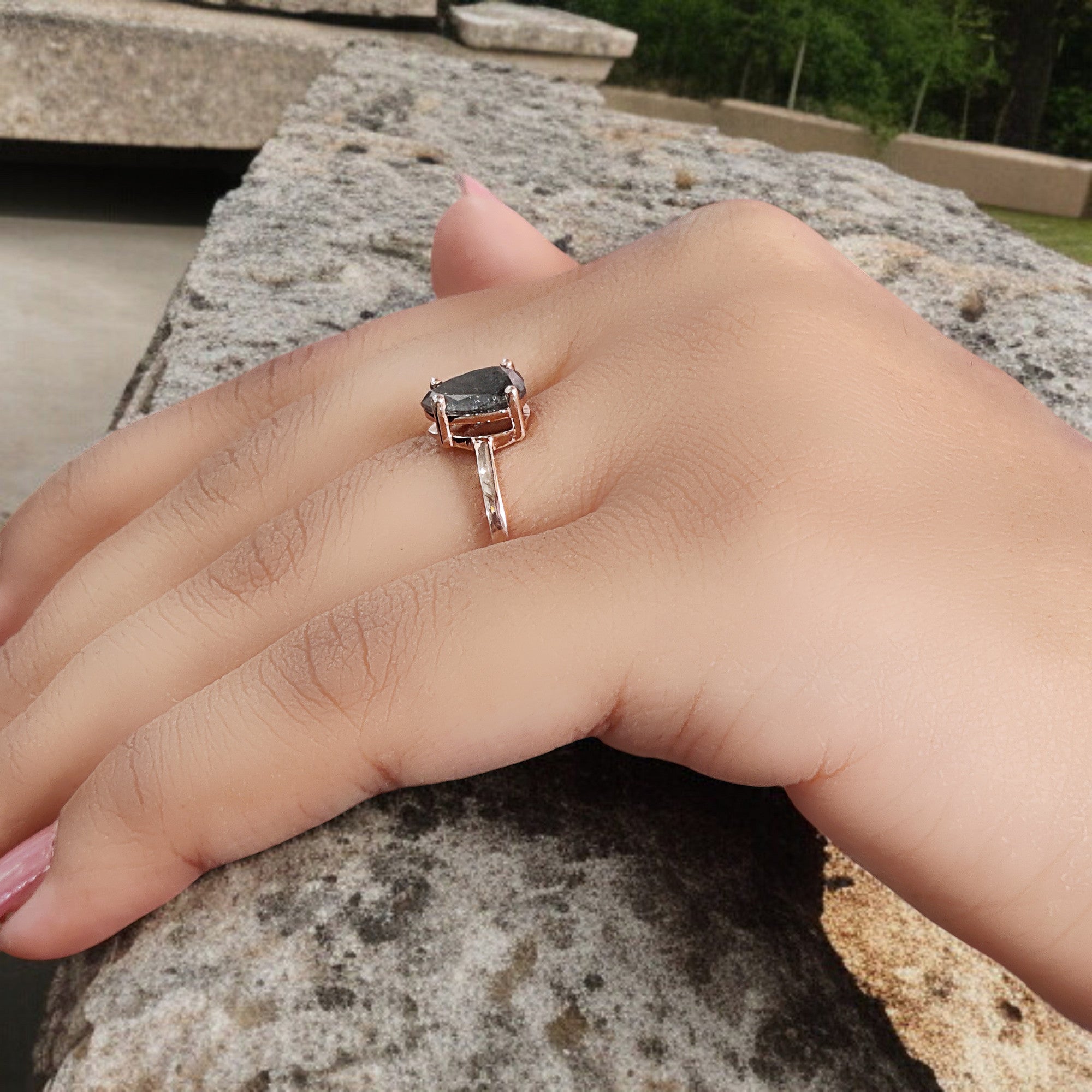 Pear Cut Salt And Pepper Diamond Ring 1.58 Ct 8.45 MM Pear Diamond Ring 14K Solid Rose Gold Silver Engagement Pear Ring Gift For Her QL1666