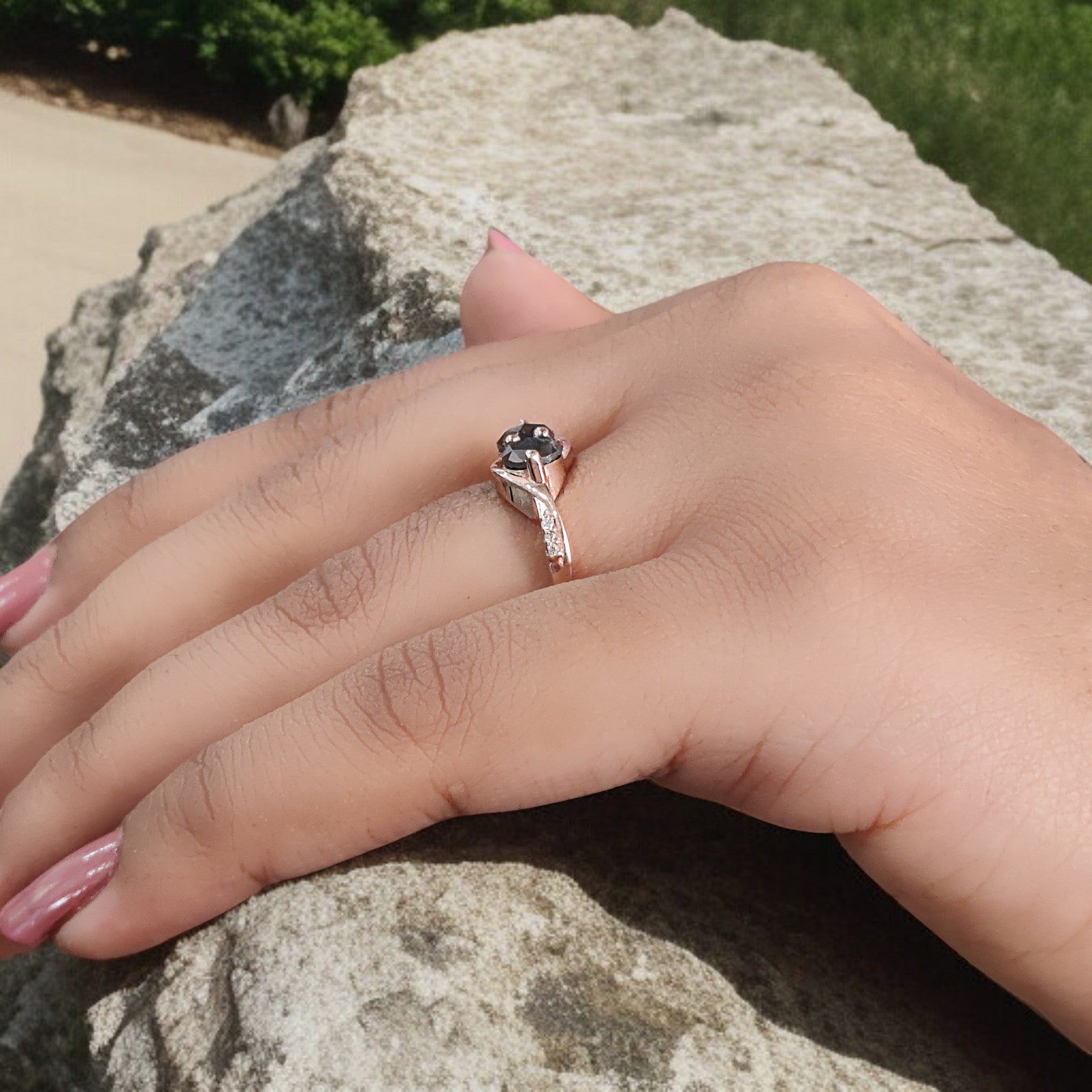 Round Rose Cut Salt And Pepper Diamond Ring 1.01 Ct 5.00 MM Round Diamond Ring 14K Rose Gold Silver Engagement Ring Gift For Her QL1662