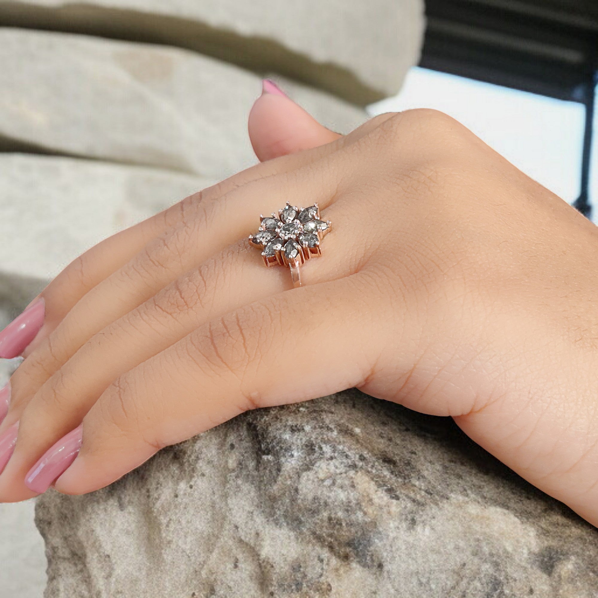 Marquise Cut Salt And Pepper Diamond Ring 0.93 Ct 4.65 MM Marquise Diamond Ring 14K Rose Gold Silver Engagement Ring Gift For Her QL1312