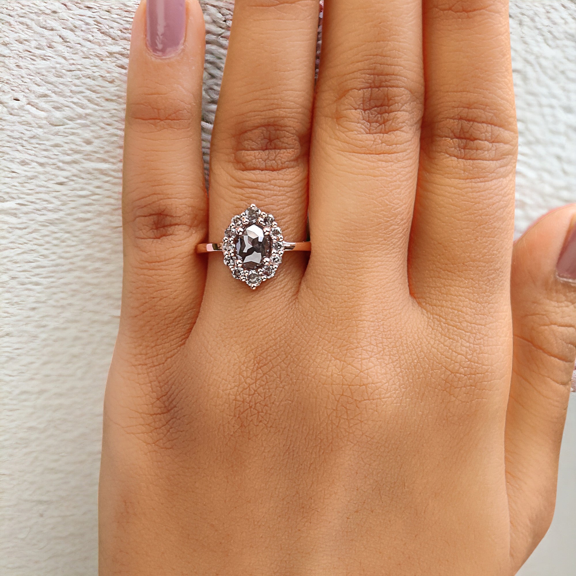 Oval Cut Salt And Pepper Diamond Ring 1.23 Ct 7.15 MM Oval Shape Diamond Ring 14K Solid Rose Gold Silver Engagement Ring Gift For Her QN9439