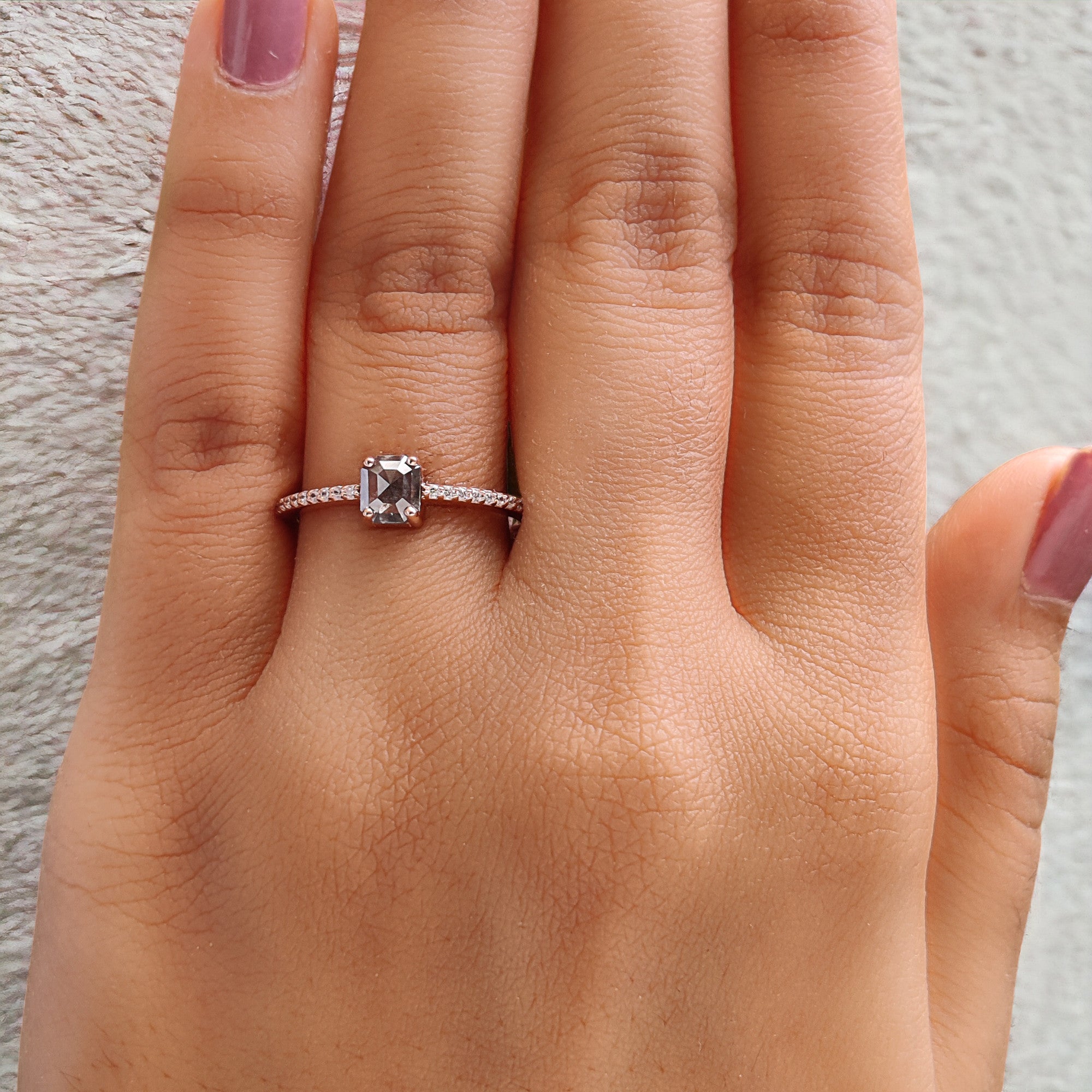 Emerald Cut Salt And Pepper Diamond Ring 0.50 Ct 5.10 MM Emerald Diamond Ring 14K Solid Rose Gold Silver Engagement Ring Gift For Her QL6484