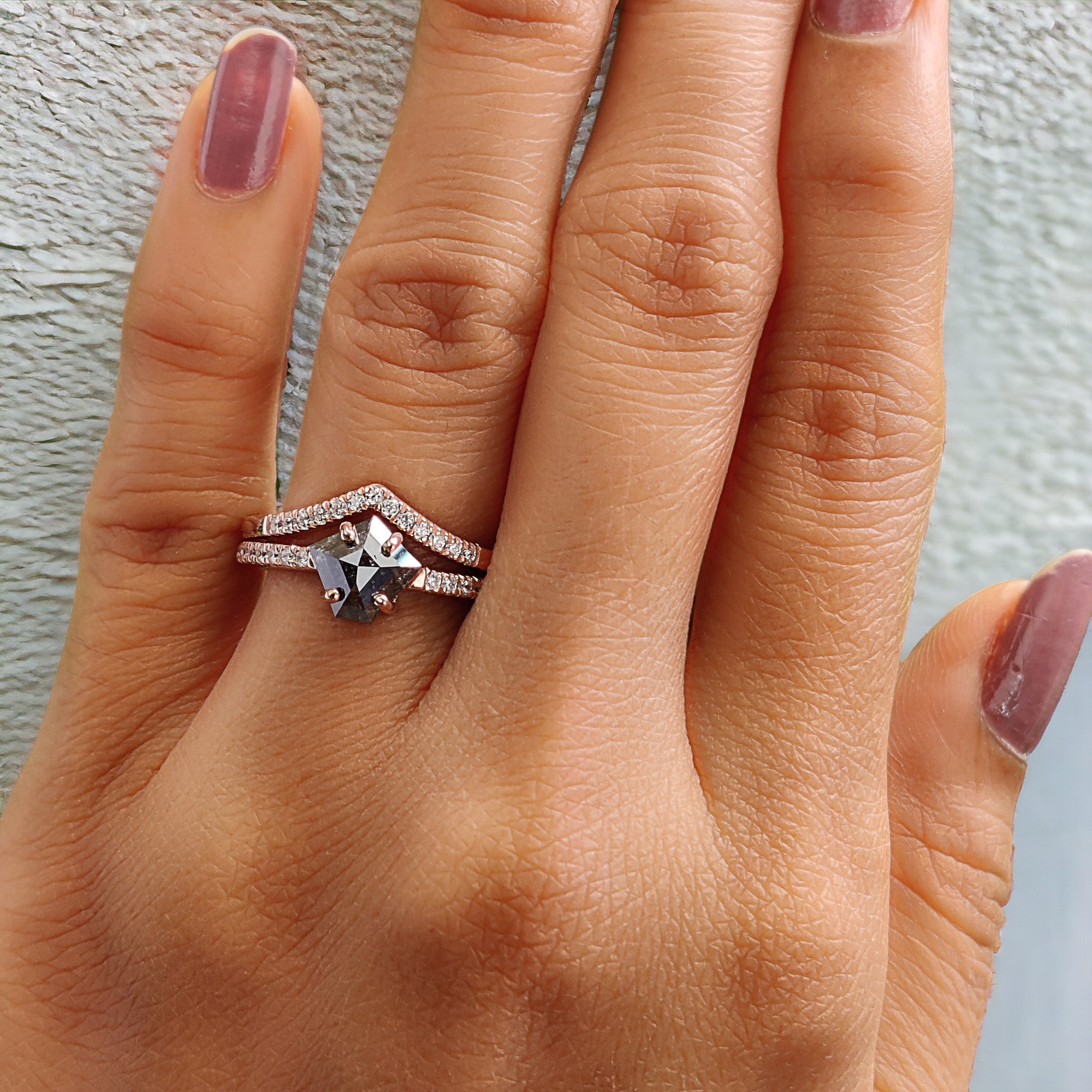 Pentagon Cut Salt And Pepper Diamond Ring 0.98 Ct 7.00 MM Pentagon Diamond Ring 14K Rose Gold Silver Engagement Ring Gift For Her QL1222