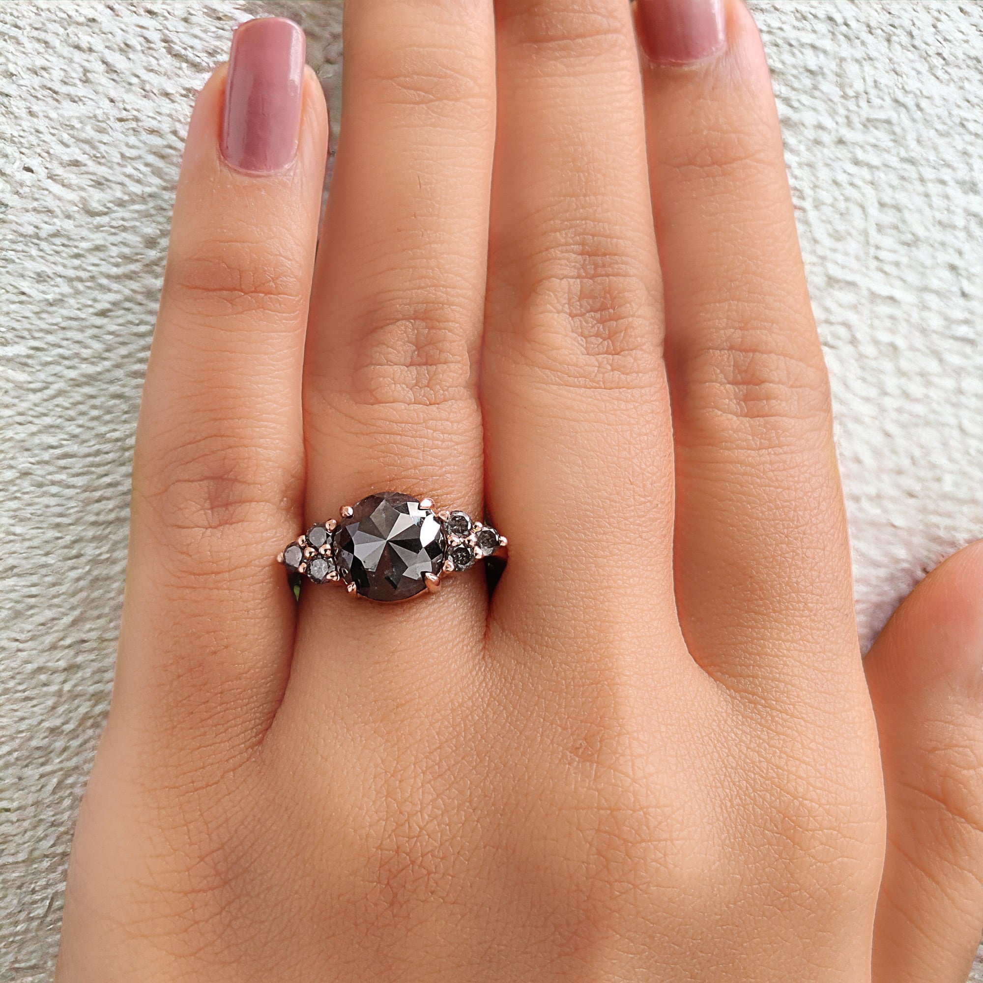 Round Rose Cut Salt And Pepper Diamond Ring 2.69 Ct 9.00 MM Round Diamond Ring 14K Rose Gold Silver Engagement Ring Gift For Her QL180