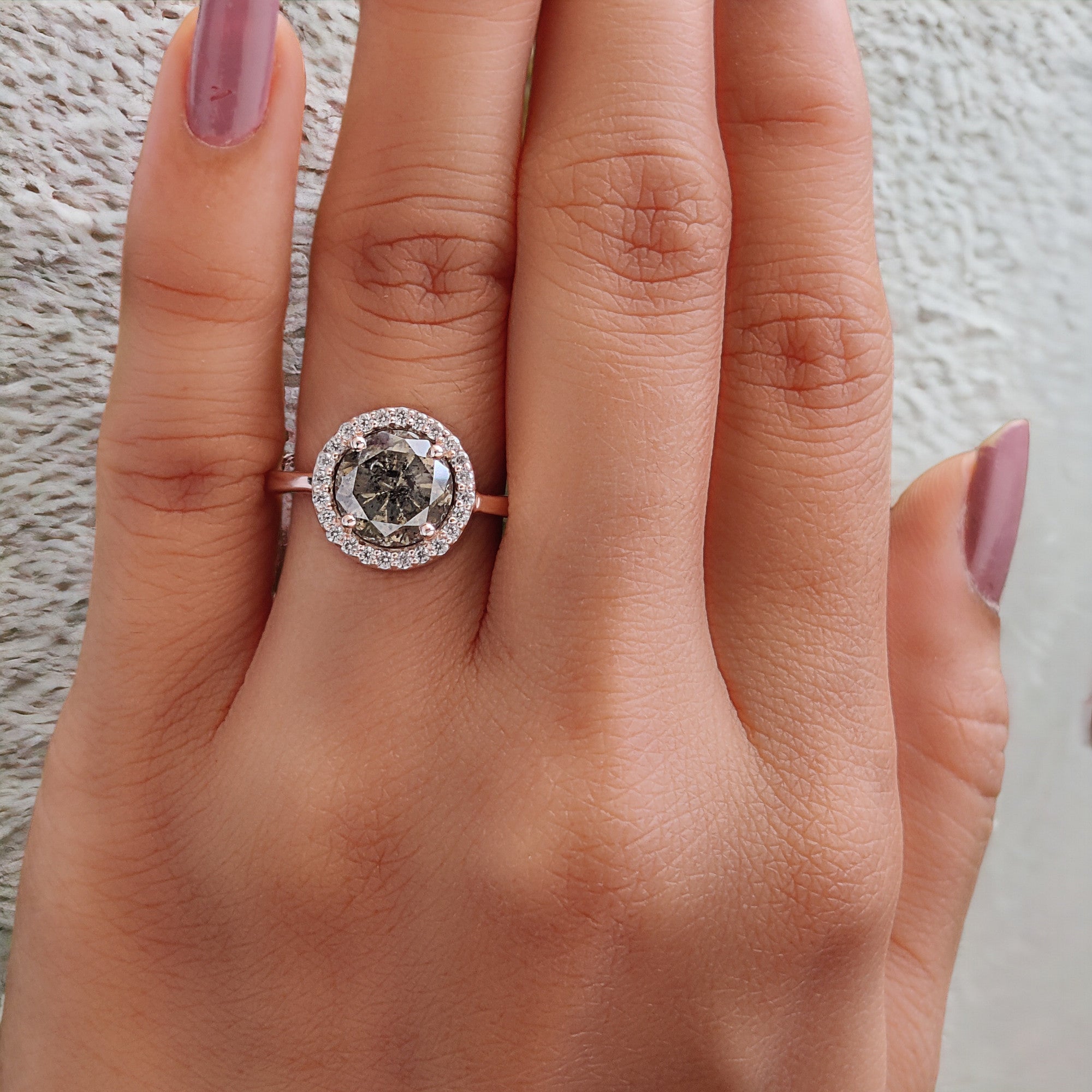 Round Cut Salt And Pepper Diamond Ring 2.43 Ct 8.20 MM Round Diamond Ring 14K Solid Rose Gold Silver Engagement Ring Gift For Her QL8553