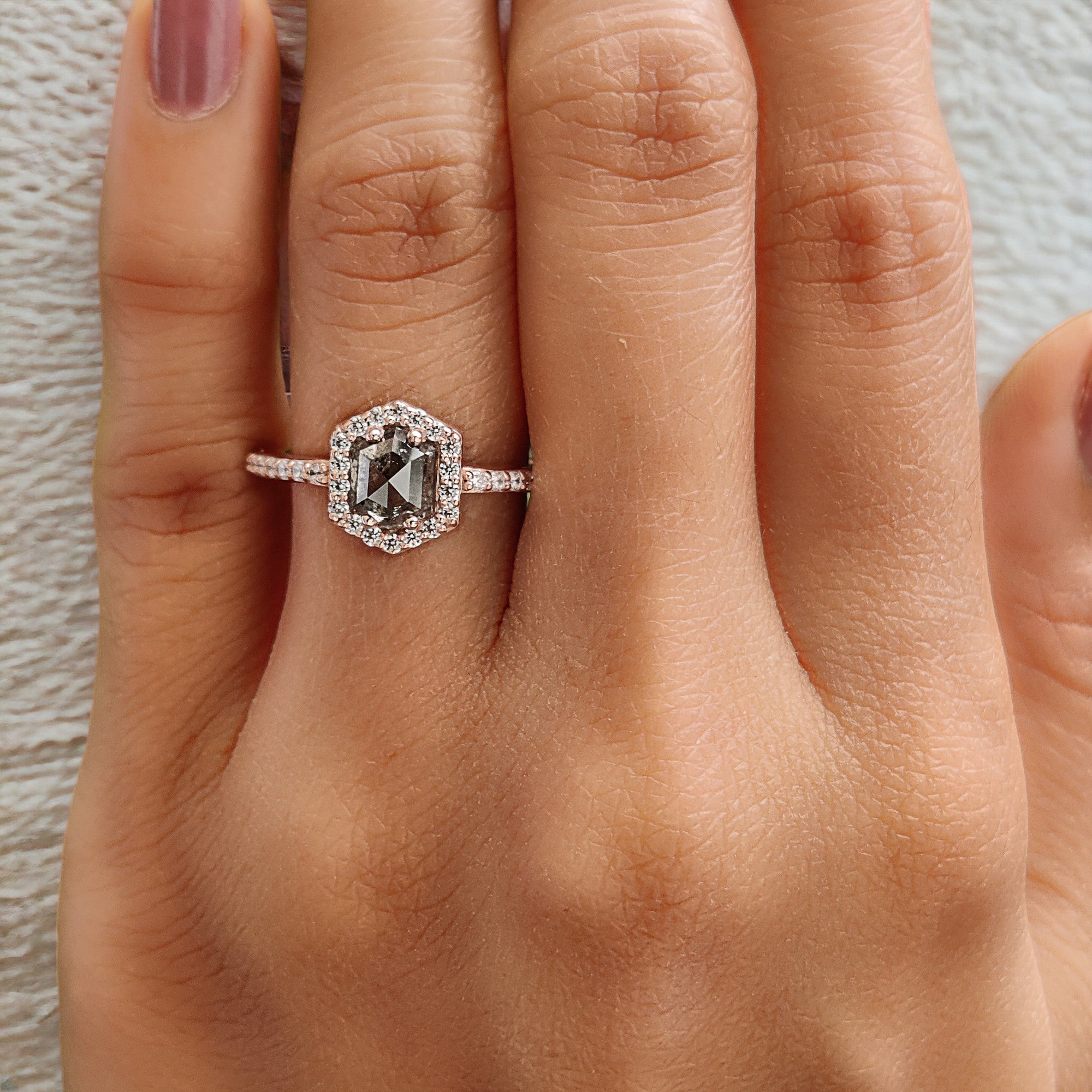 Hexagon Salt And Pepper Diamond Ring 1.00 Ct 6.35 MM Hexagon Cut Diamond Ring 14K Solid Rose Gold Silver Engagement Ring Gift For Her QL276
