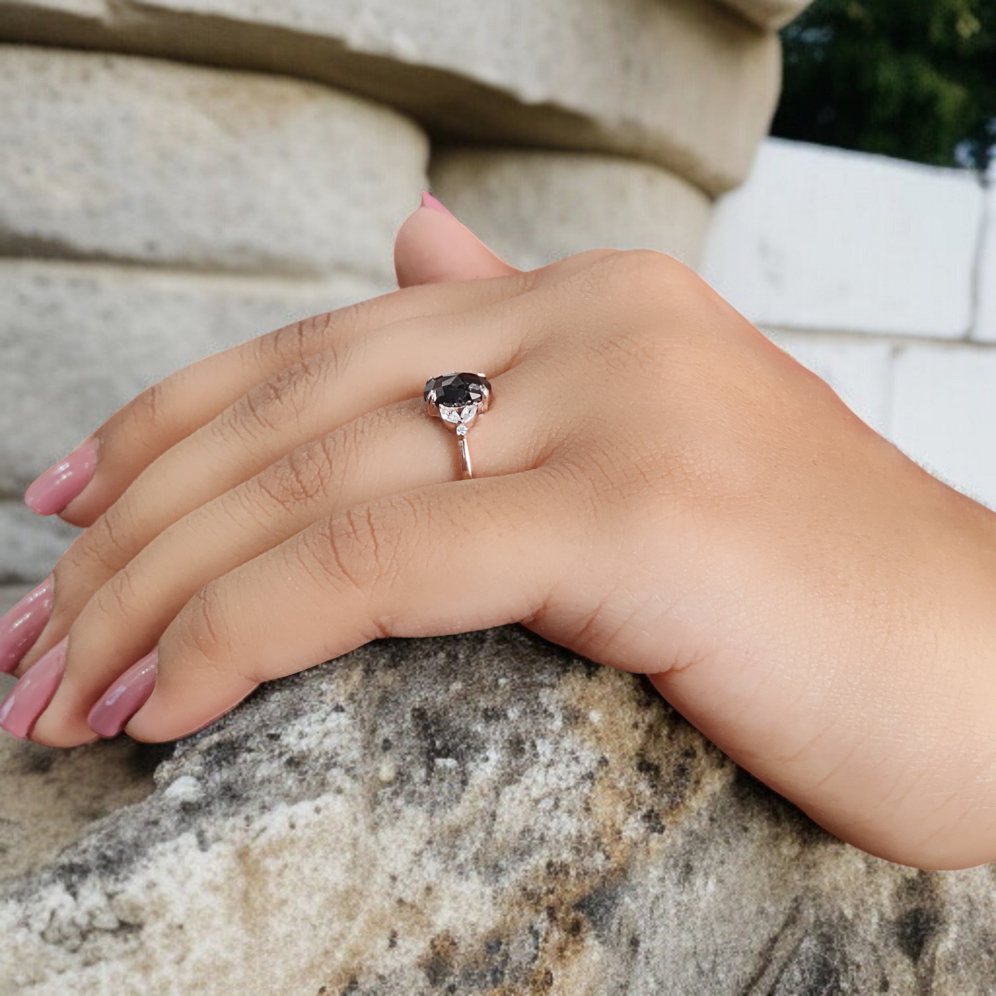 Oval Cut Salt And Pepper Diamond Ring 1.49 Ct 8.03 MM Oval Diamond Ring 14K Solid Rose Gold Silver Oval Engagement Ring Gift For Her QL2889