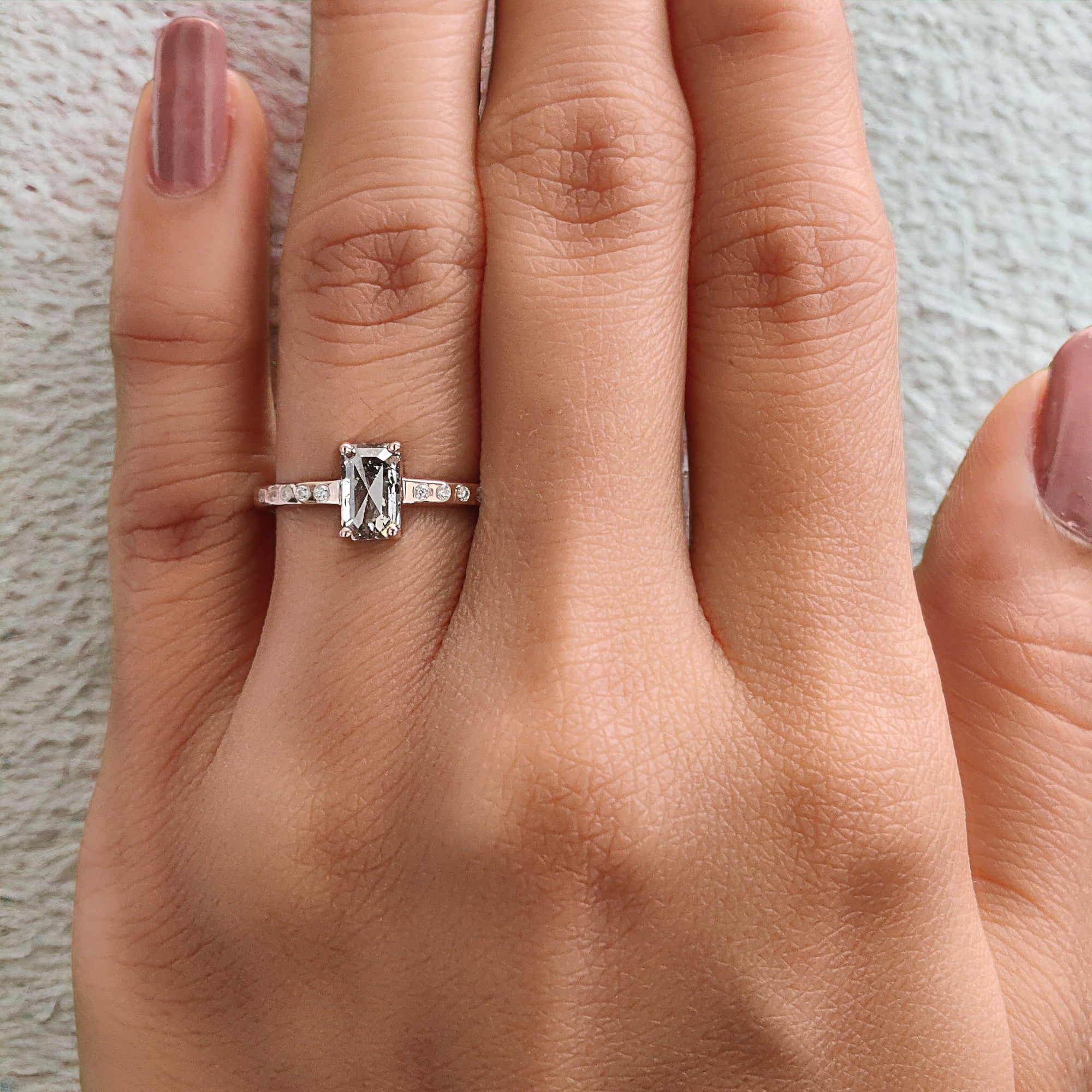 Emerald Cut Salt And Pepper Diamond Ring 0.77 Ct 6.60 MM Emerald Diamond Ring 14K Solid Rose Gold Silver Engagement Ring Gift For Her QL2658