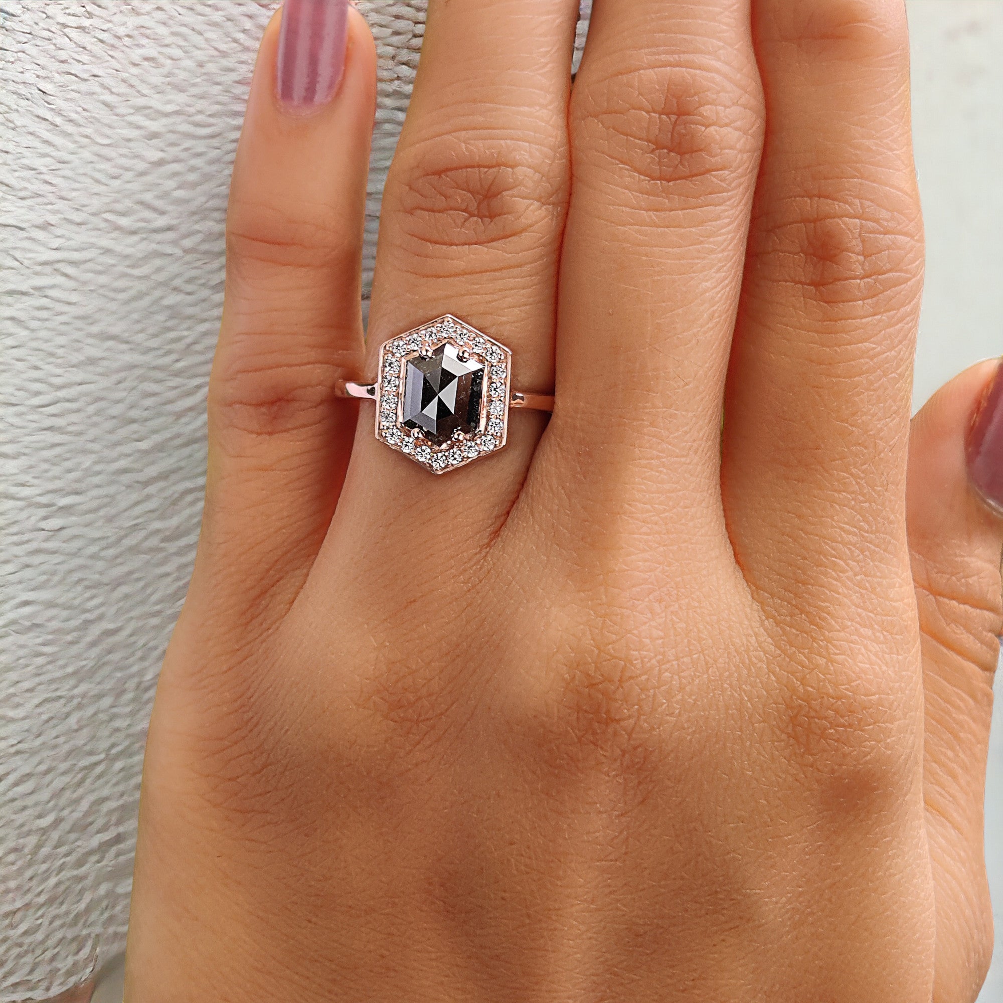 Hexagon Cut Salt And Pepper Diamond Ring 1.55 Ct 8.00 MM Hexagon Diamond Ring 14K Solid Rose Gold Silver Engagement Ring Gift For Her QL734