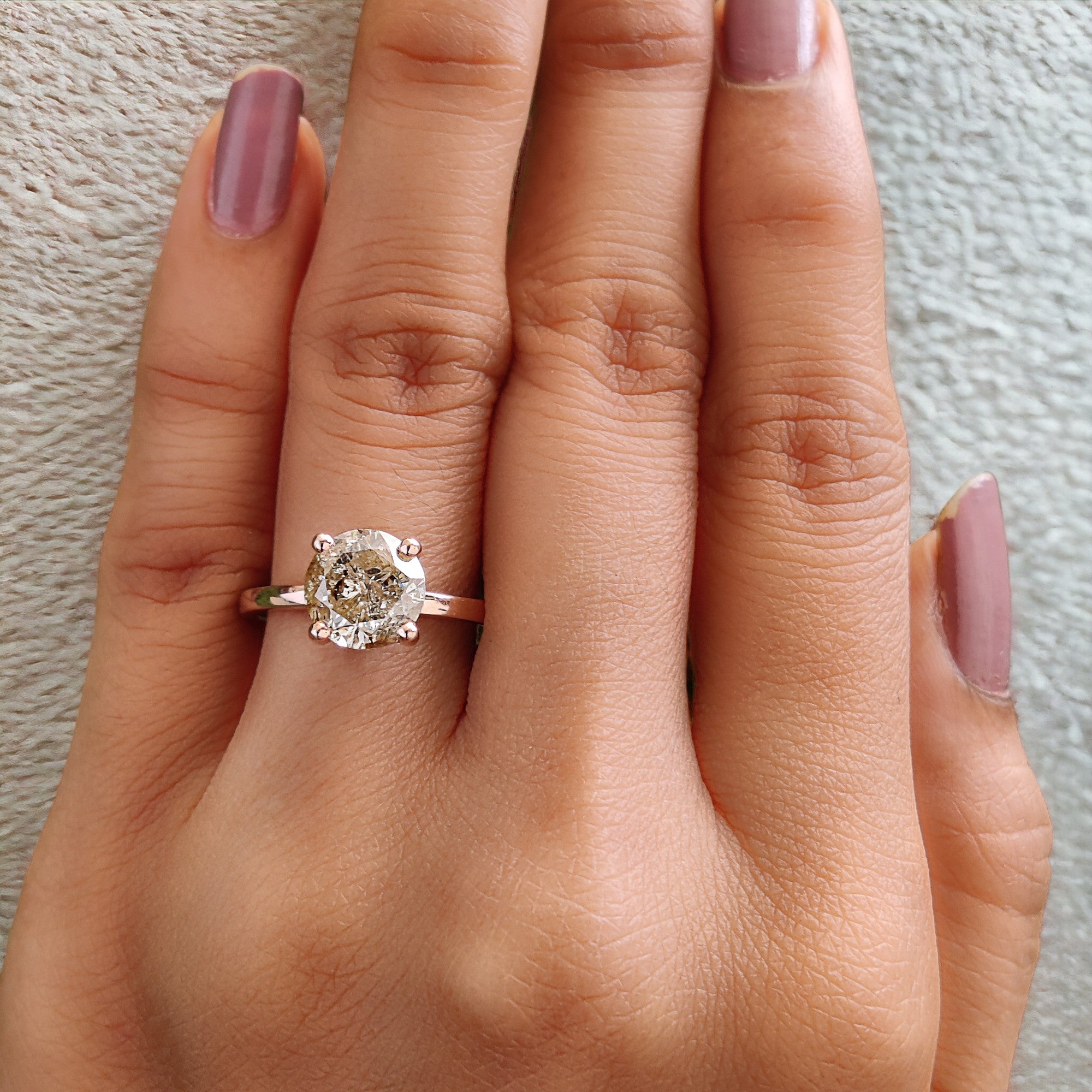 Round Cut Brown Color Diamond Ring 2.01 Ct 7.85 MM Round Shape Diamond Ring 14K Solid Rose Gold Silver Engagement Ring Gift For Her QL405