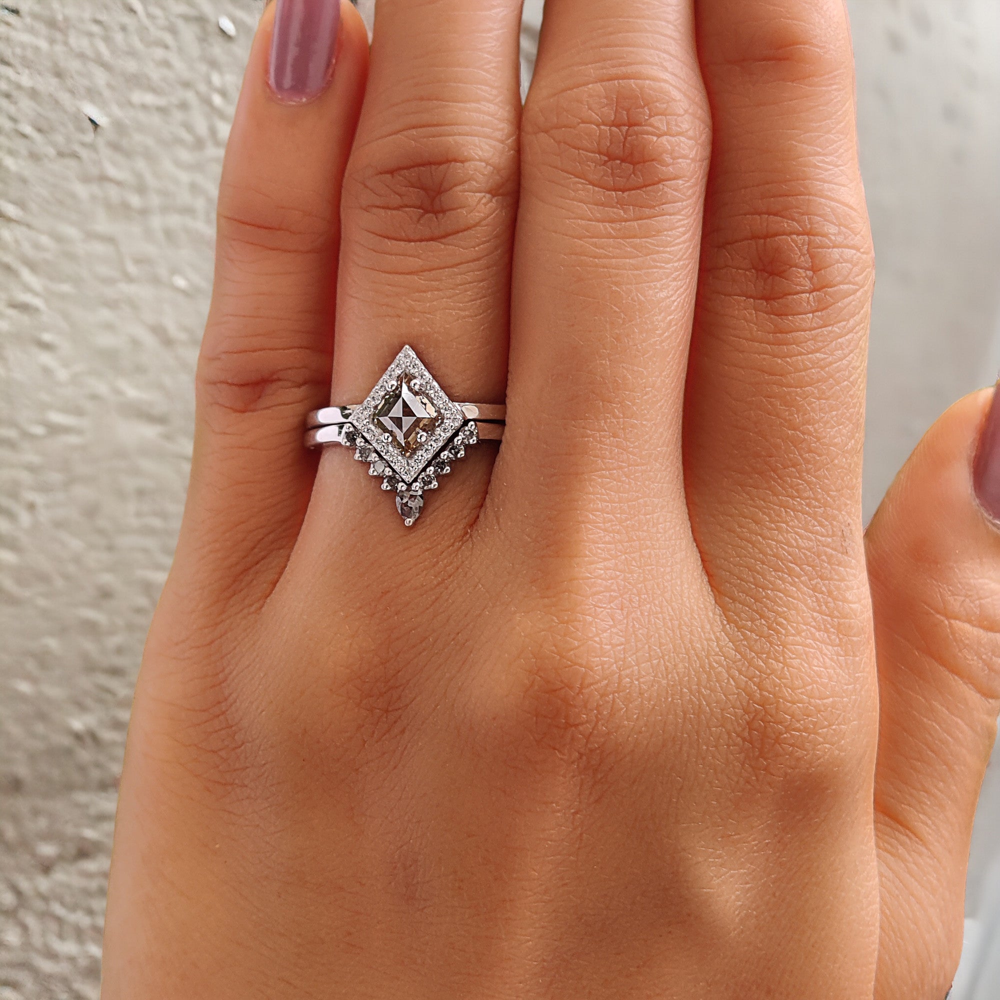 Kite Cut Salt And Pepper Diamond Ring 0.84 Ct 7.11 MM Kite Diamond Ring 14K Solid White Gold Silver Kite Engagement Ring Gift For Her QL2602