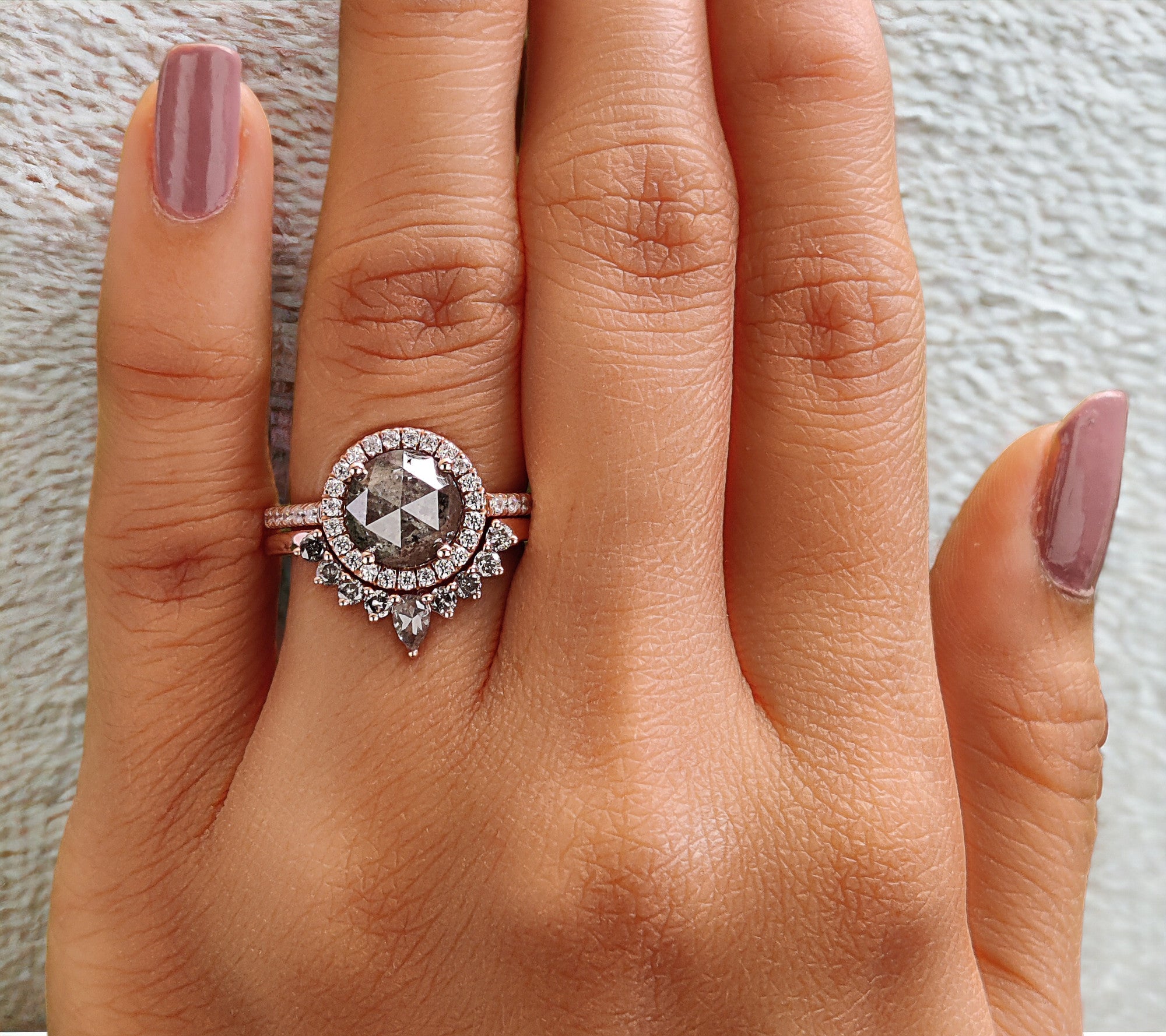 Round Rose Cut Salt And Pepper Diamond Ring 1.83 Ct 7.75 MM Round Rose Diamond Ring 14K Rose Gold Silver Engagement Ring Gift For Her QL2188