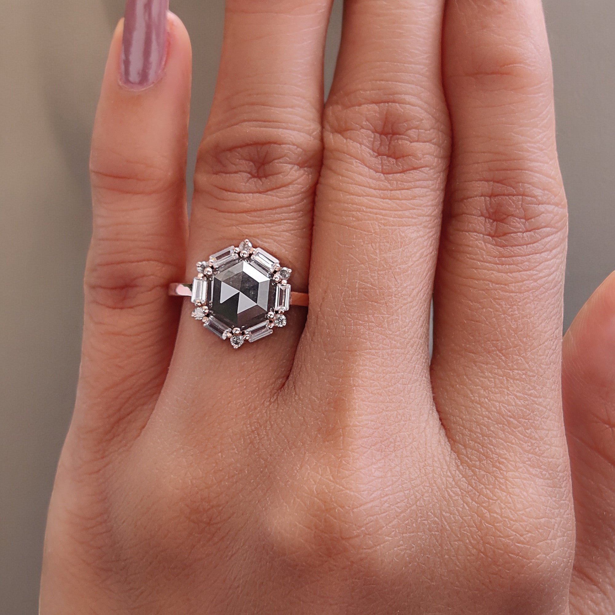 Hexagon Cut Salt And Pepper Diamond Ring 2.28 Ct 9.10 MM Hexagon Cut Diamond Ring 14K Rose Gold Silver Engagement Ring Gift For Her QL1162