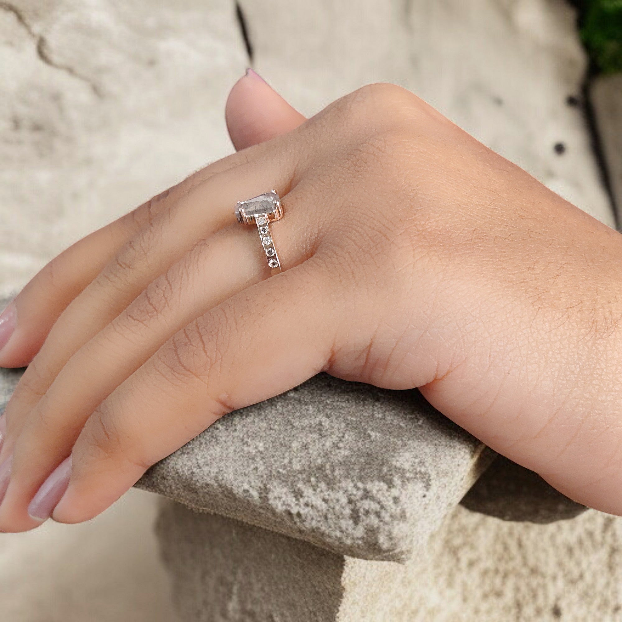 Coffin Cut Salt And Pepper Diamond Ring 0.80 Ct 7.30 MM Coffin Diamond Ring 14K Solid Rose Gold Silver Engagement Ring Gift For Her QL9673