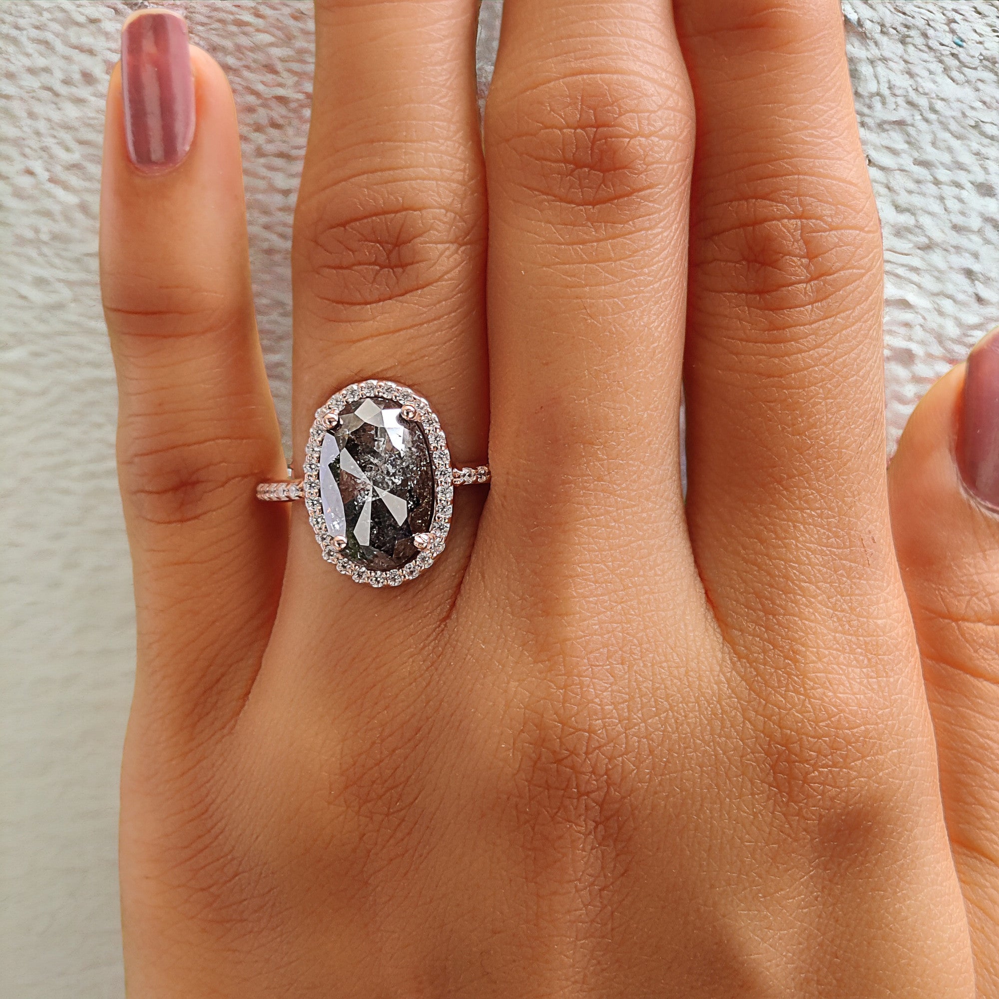 Oval Cut Salt And Pepper Diamond Ring 4.30 Ct 12.72 MM Oval Diamond Ring 14K Solid Rose Gold Silver Engagement Ring Gift For Her KDL2429