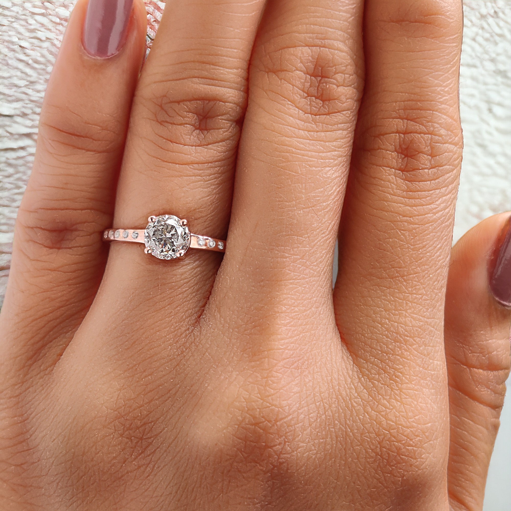 Round Cut Salt And Pepper Diamond Ring 0.84 Ct 5.61 MM Round Diamond Ring 14K Solid Rose Gold Silver Engagement Ring Gift For Her QL2657