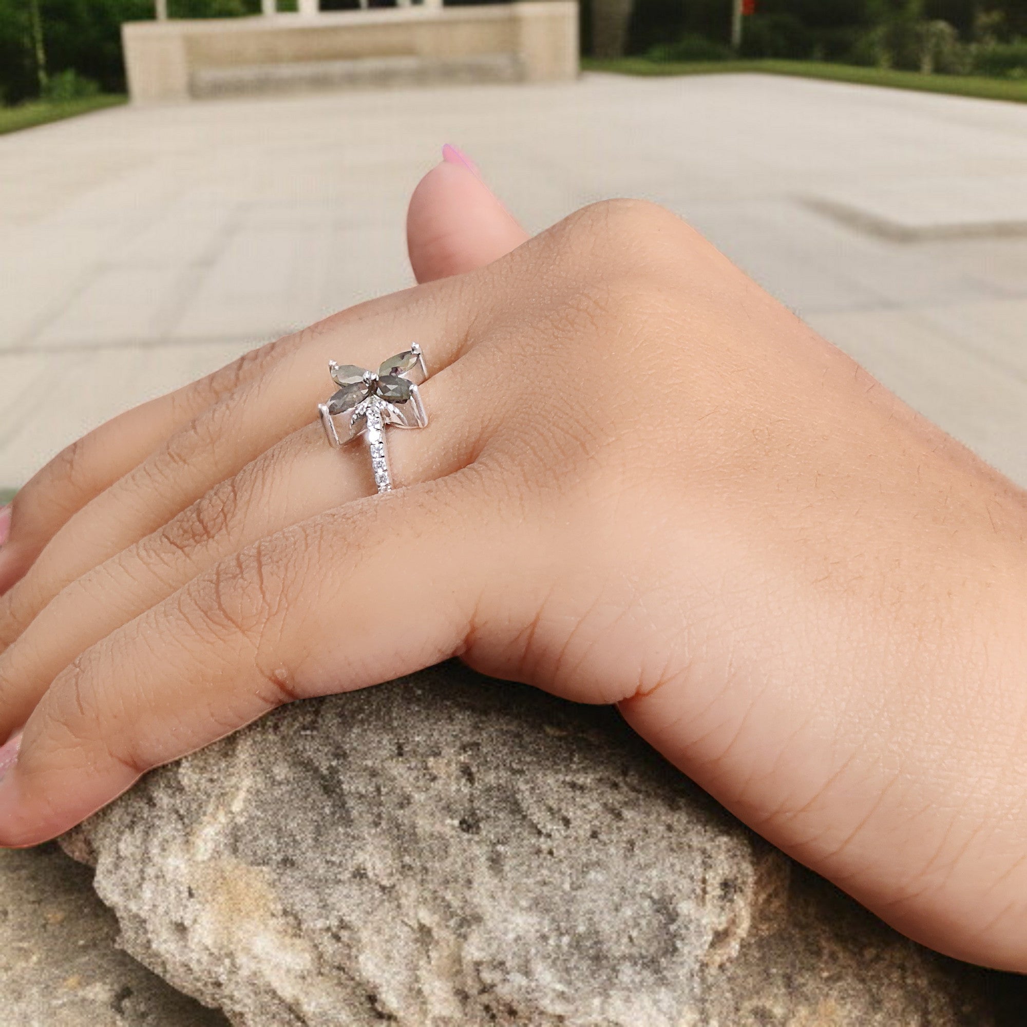 Marquise Yellow Color Diamond Ring 1.01 Ct 6.00 MM Grey Marquise Cut Diamond Ring 14K White Gold Silver Engagement Ring Gift For Her QL9113