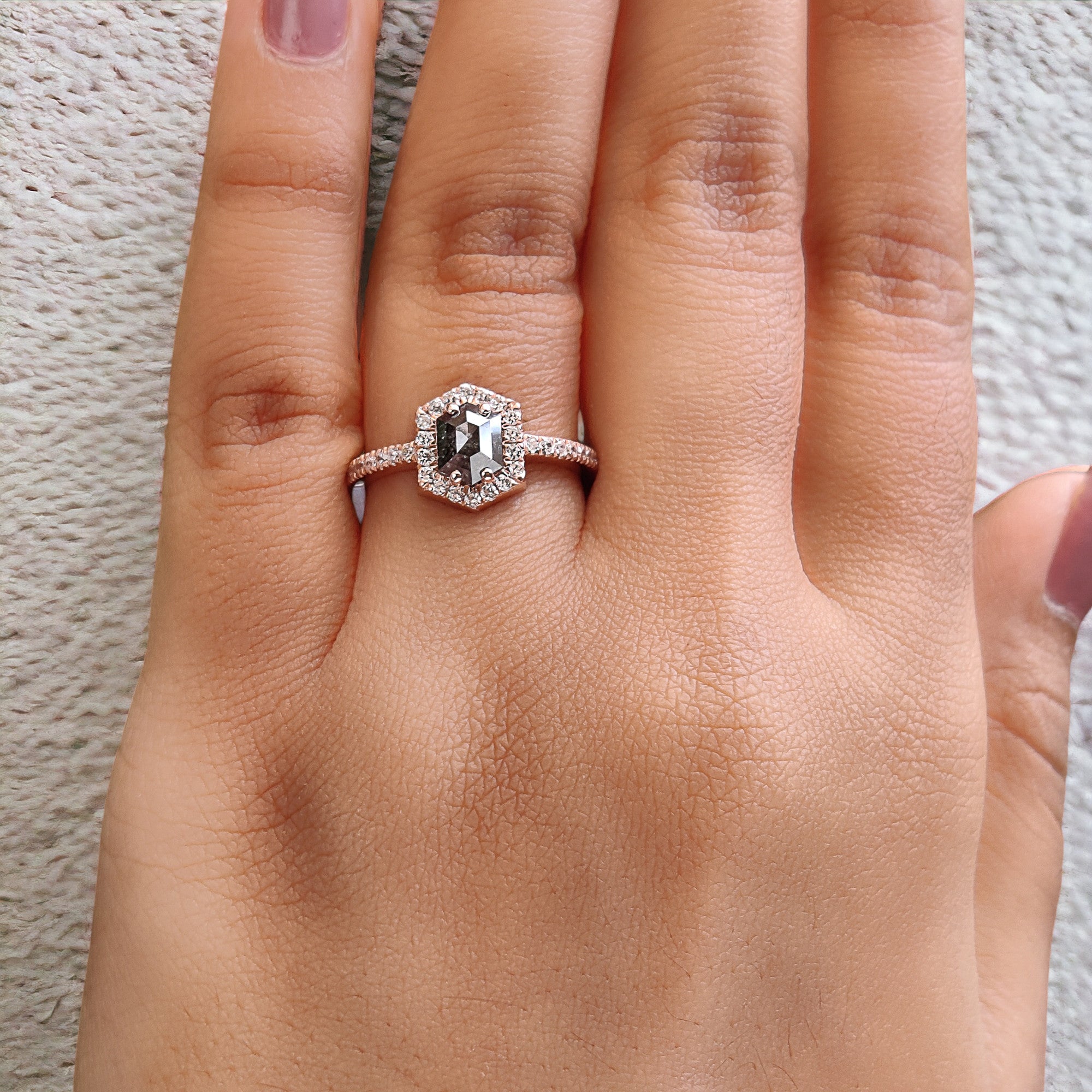 Hexagon Salt And Pepper Diamond Ring 0.80 Ct 6.30 MM Hexagon Cut Diamond Ring 14K Solid Rose Gold Silver Engagement Ring Gift For Her QN1135