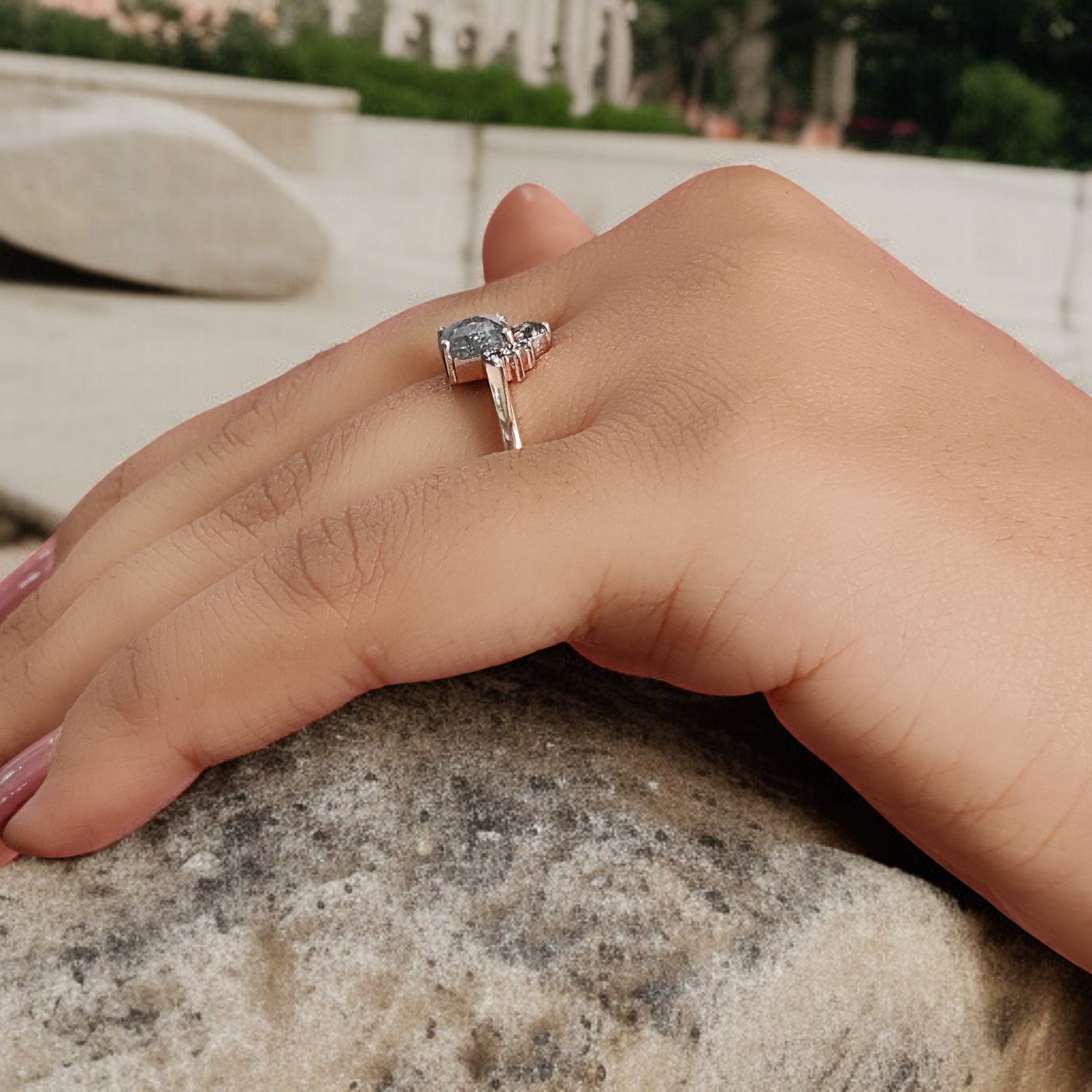 Emerald Salt And Pepper Diamond Ring 0.89 Ct 6.00 MM Emerald Diamond Ring 14K Solid Rose Gold Silver Engagement Ring Gift For Her QL020