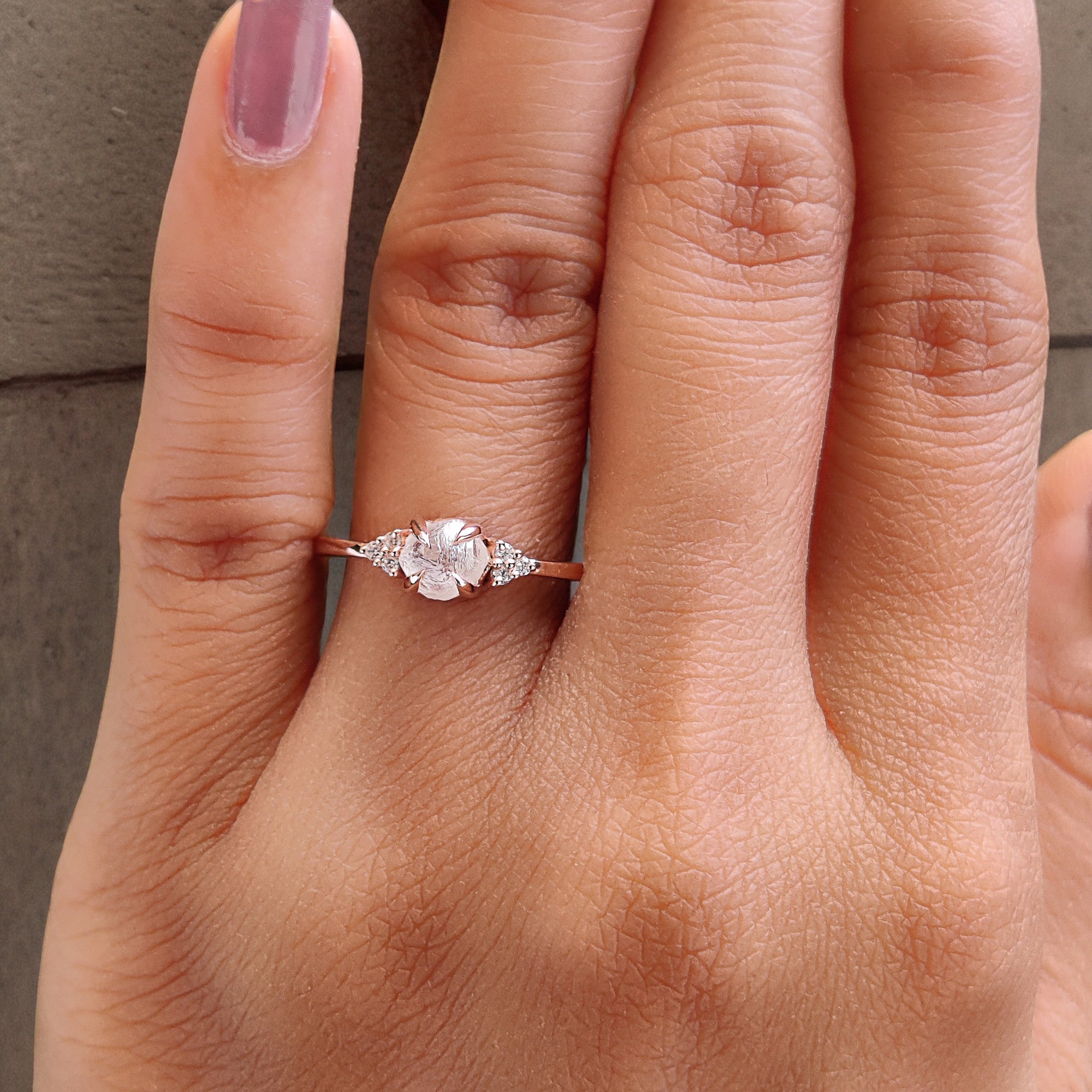 Rough White-F Color Diamond Ring 0.96 Ct 5.46 MM Crystal Rough Diamond Ring 14K Solid Rose Gold Silver Engagement Ring Gift For Her QL2473