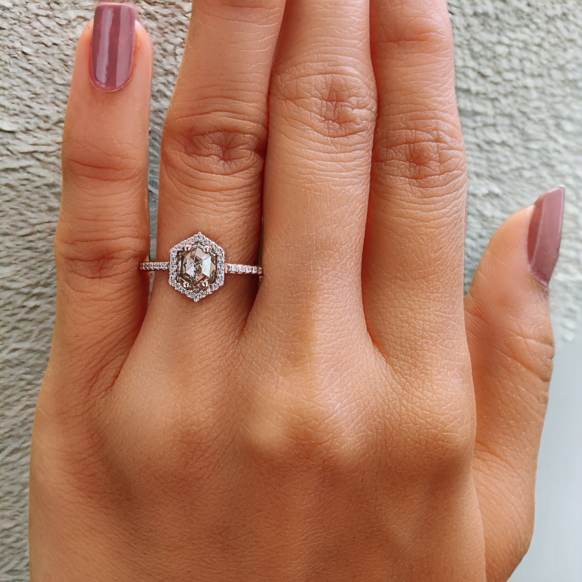 Hexagon Cut Salt And Pepper Diamond Ring 0.87 Ct 6.69 MM Hexagon Cut Diamond Ring 14K Rose Gold Silver Engagement Ring Gift For Her QL2604