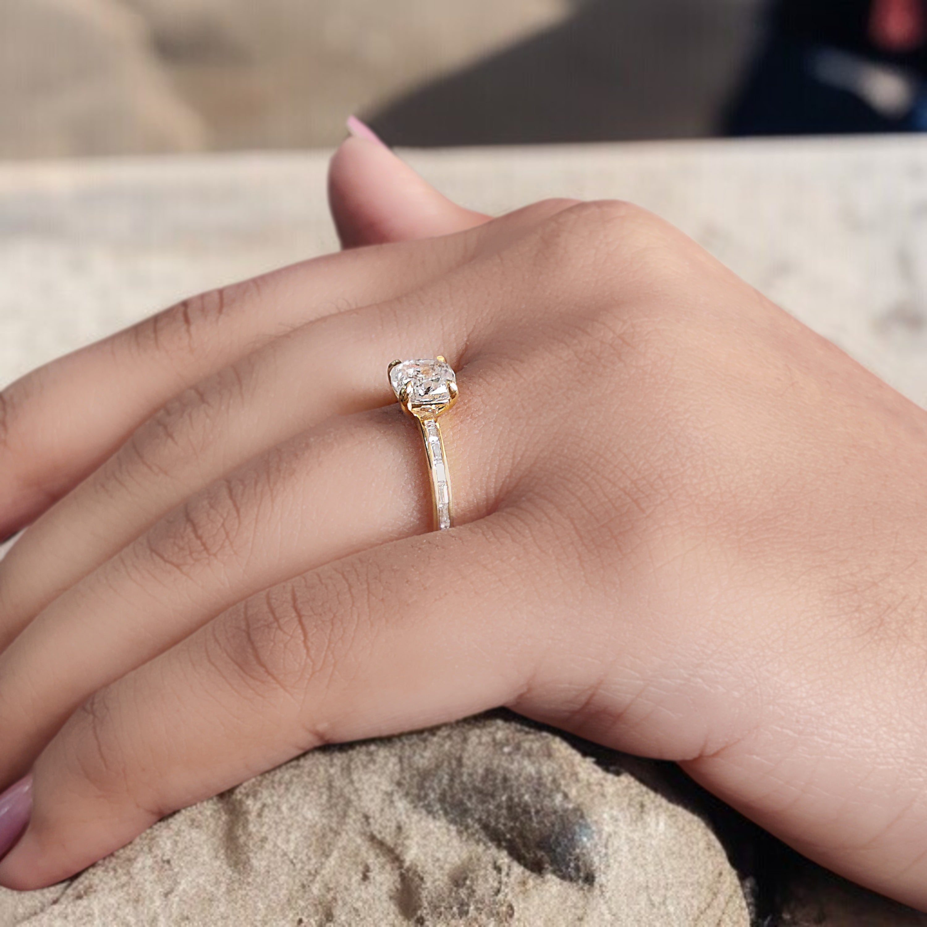 Cushion White-F Color Diamond Ring 1.02 Ct 5.78 MM Cushion Diamond Wedding Ring Baguette Diamond Ring Engagement Ring Gift For Her KDL2663