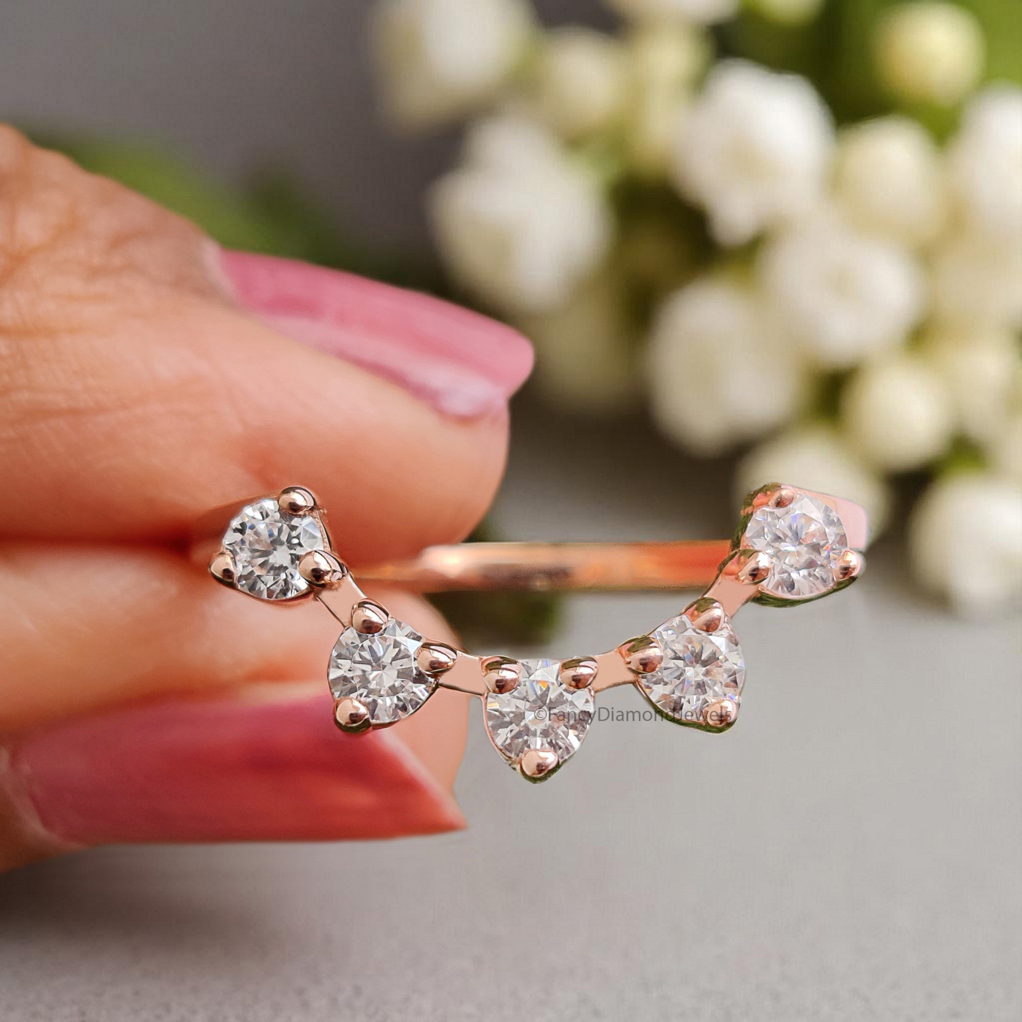Silver/10K/14K/18K Engagement Band Art Deco Crown Wedding Band 0.38 TW Round Diamond Band Half Eternity Anniversary Rose Gold Ring FD375
