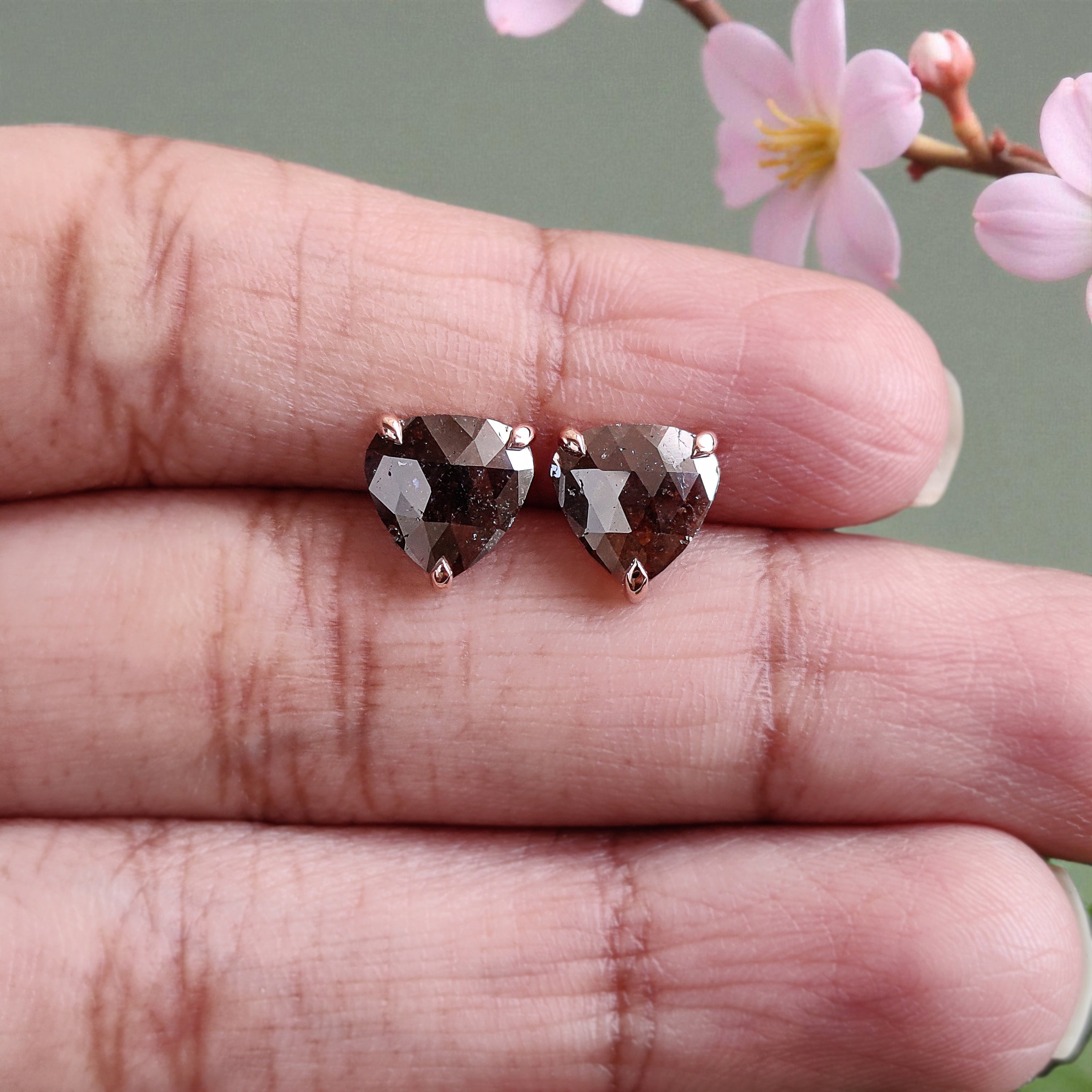 Heart Brown Color Diamond Earring 2.58 Ct 7.80 MM Heart Diamond Earring 14K Solid Rose Gold Silver Rose Cut Earring Gift For Her KDL6880