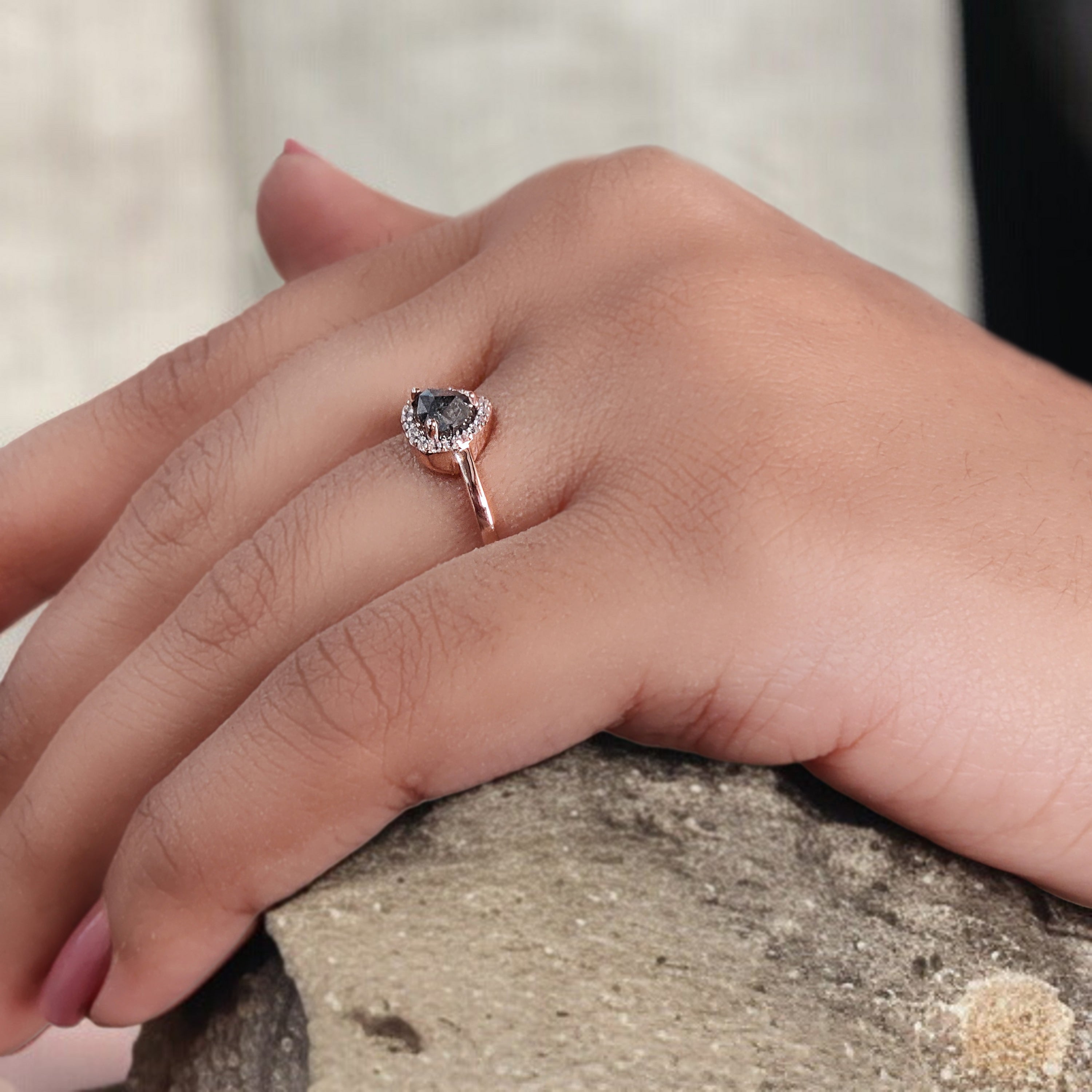 Heart Salt And Pepper Diamond Ring 0.74 Ct 5.90 MM Heart Shape Diamond Ring 14K Solid Rose Gold Silver Engagement Ring Gift For Her QK1487