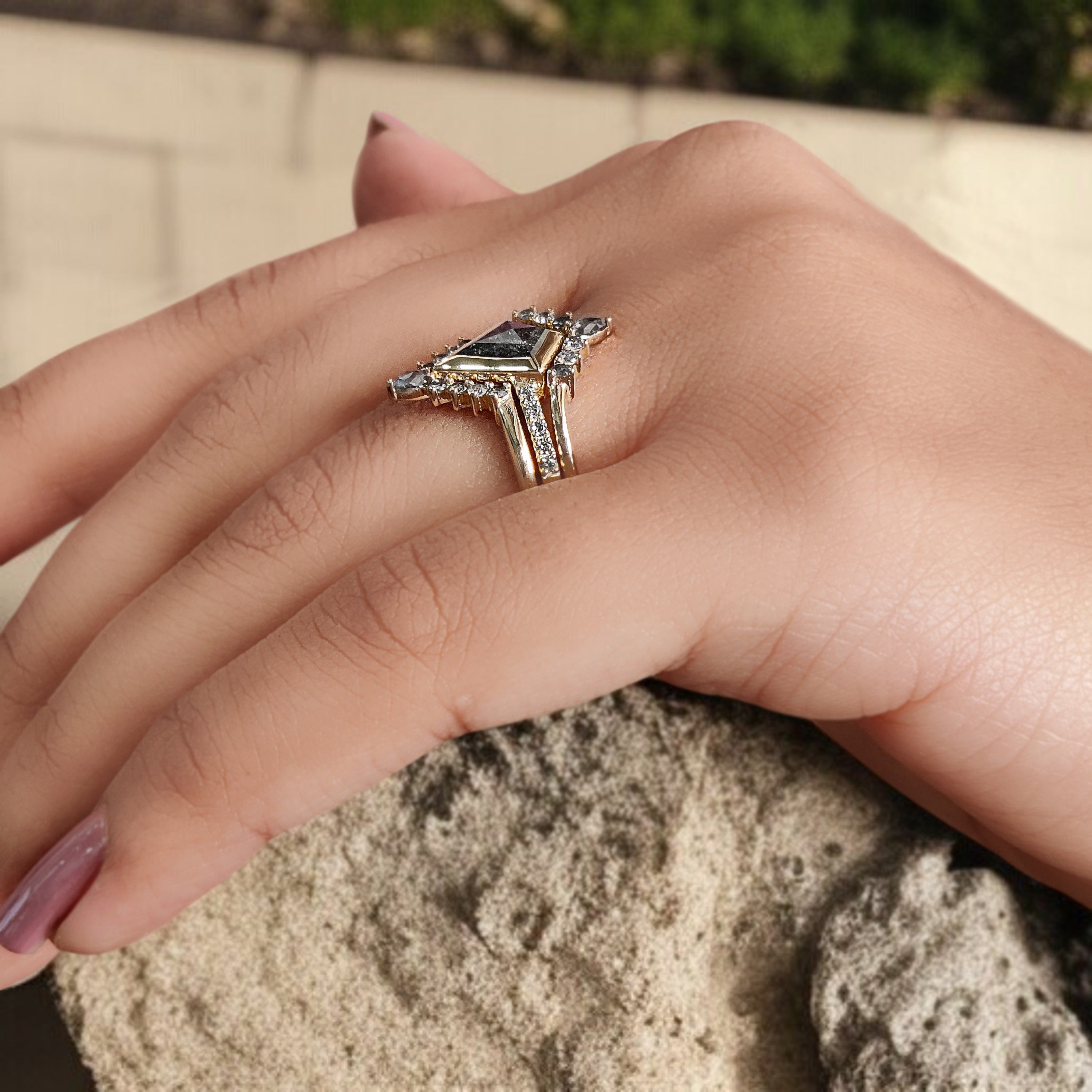 Kite Cut Salt And Pepper Diamond Ring 0.81 CT 8.90 MM Kite Shape Diamond Wedding Ring Set Bezel Set Engagement Ring Gift For Her KDL3391