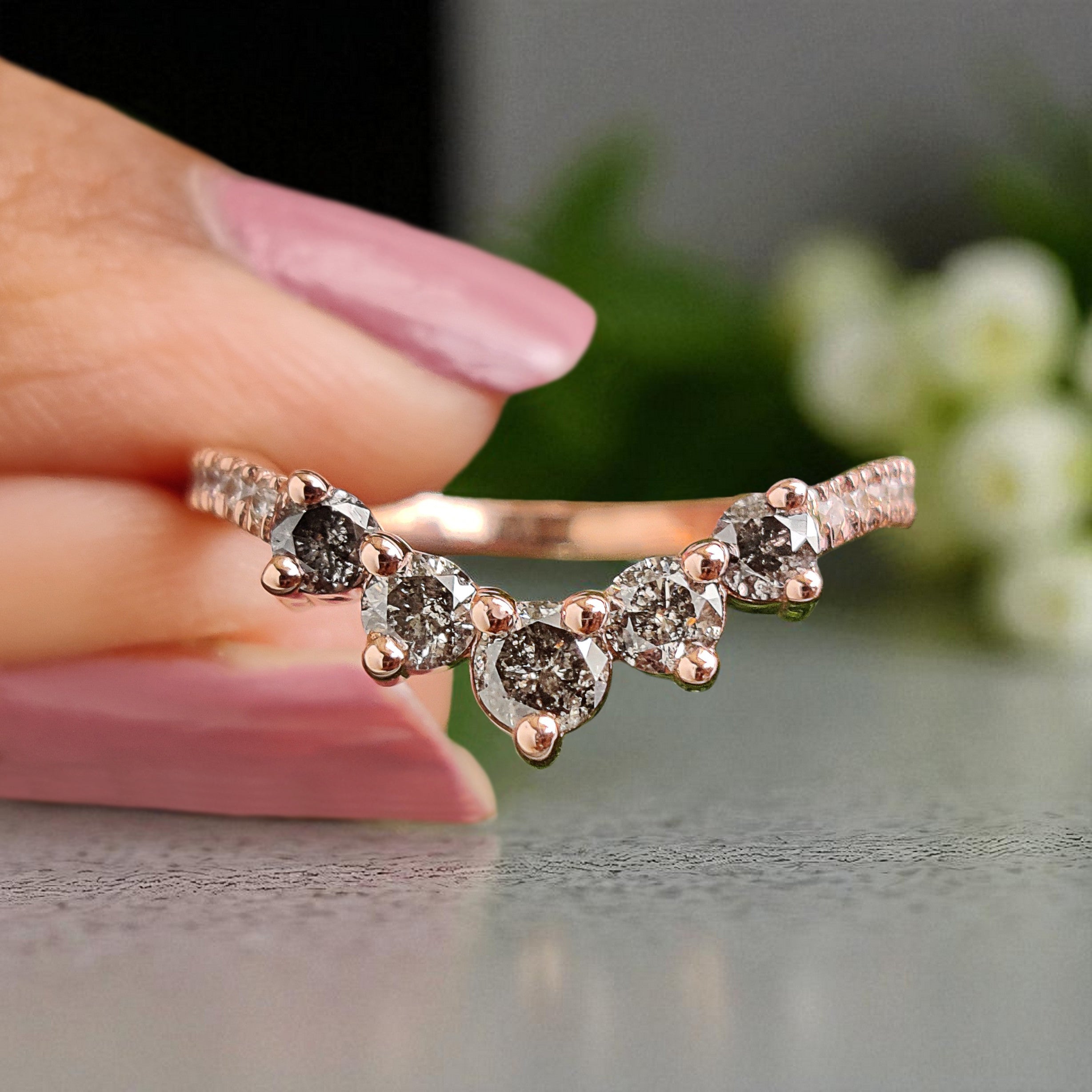 Curved wedding band 0.77 TW Round Salt And Pepper Diamond ring Chic Thin V Shaped band Silver/10K/14K/18K Band Half eternity band KD875