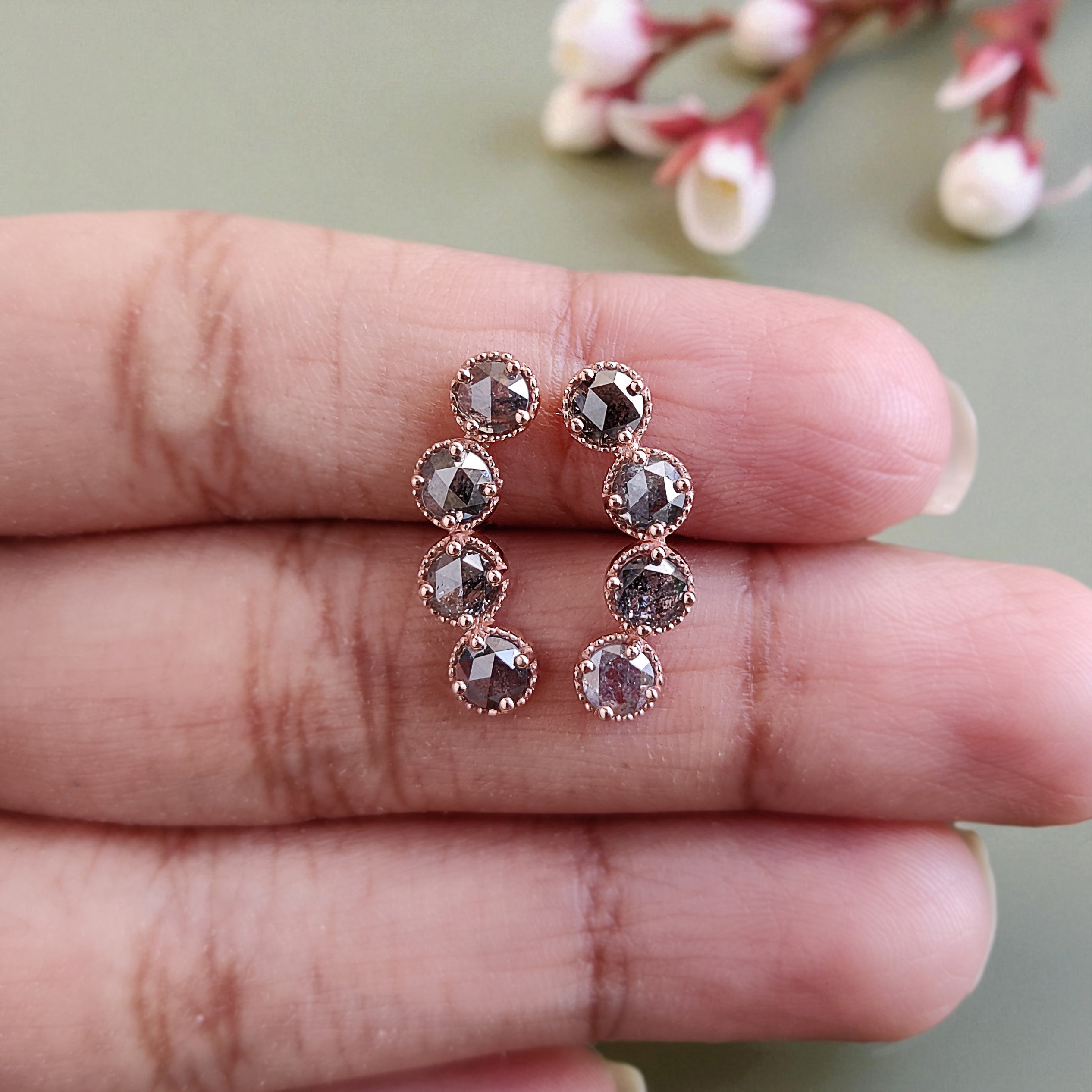 Round Rose Cut Salt And Pepper Diamond Earring 1.40 Ct 3.70 MM Round Diamond Earring 14K Solid Rose Gold Silver Earring Gift For Her KDL2391