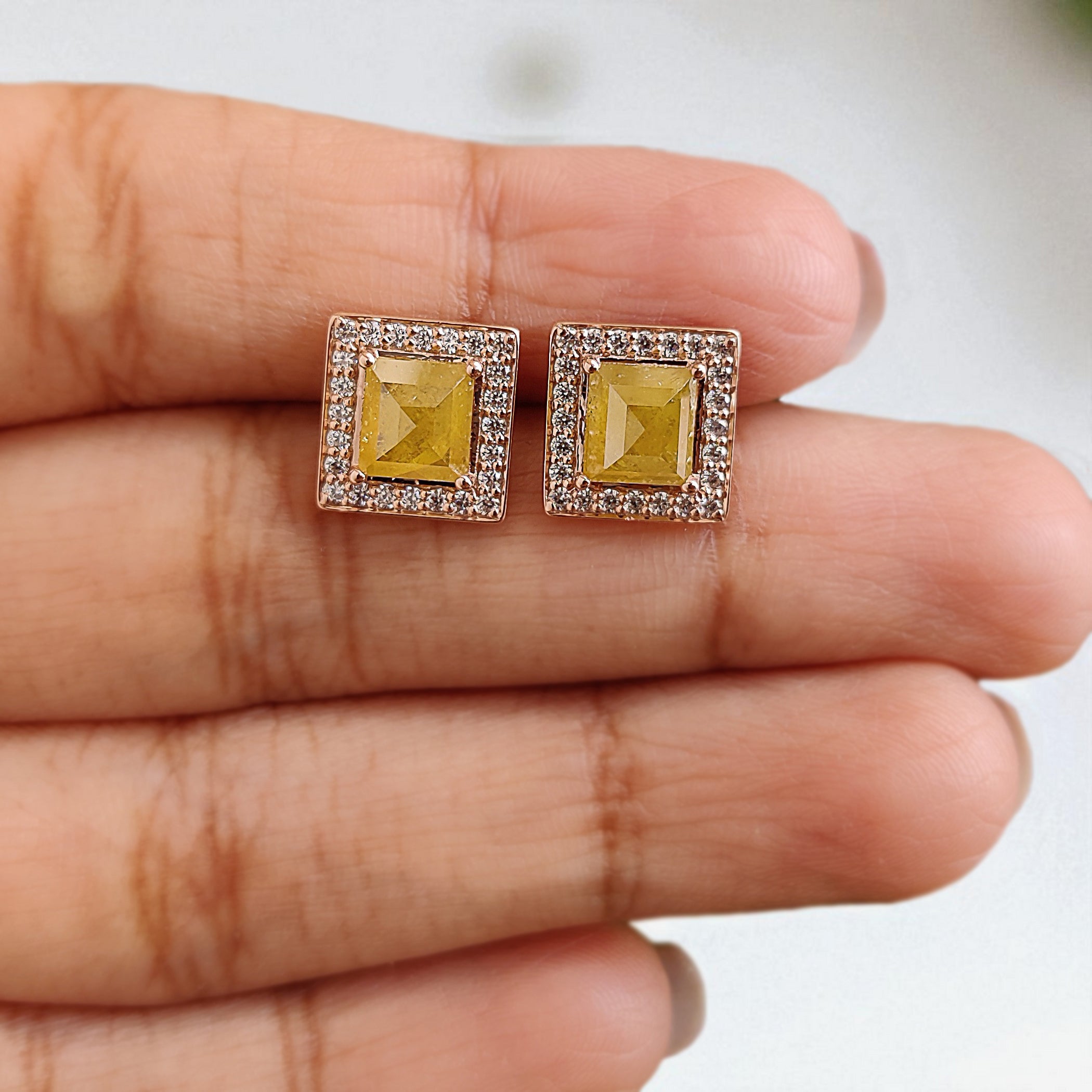 Rectangle Yellow Color Diamond Earring 2.37 Ct 8.30 MM Rectangle Diamond Earring 14K Solid Rose Gold Silver Earring Gift For Her KDN7986