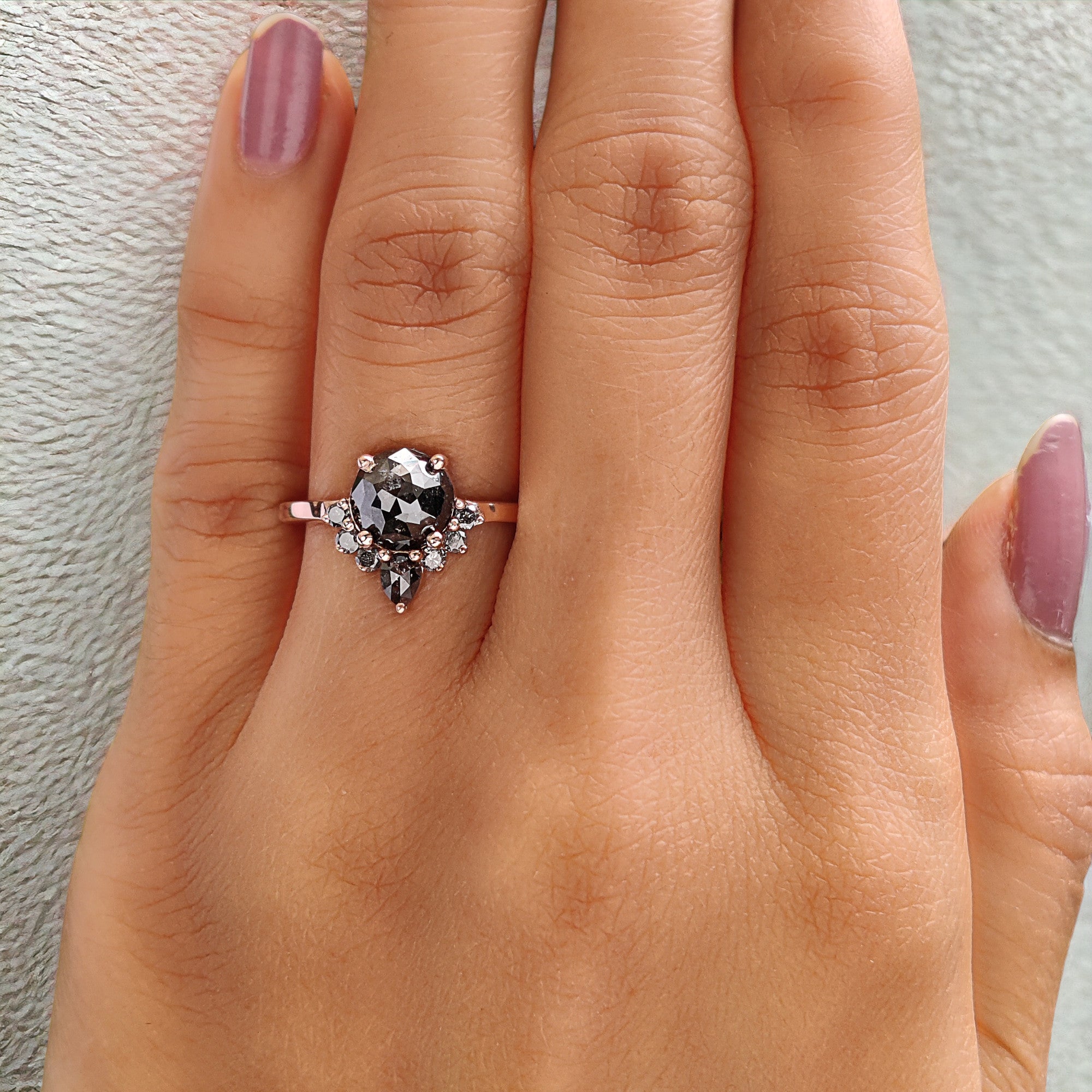 Round Rose Cut Salt And Pepper Diamond Ring 1.47 Ct 7.00 MM Rose Diamond Ring 14K Solid Rose Gold Silver Engagement Ring Gift For Her QL1206