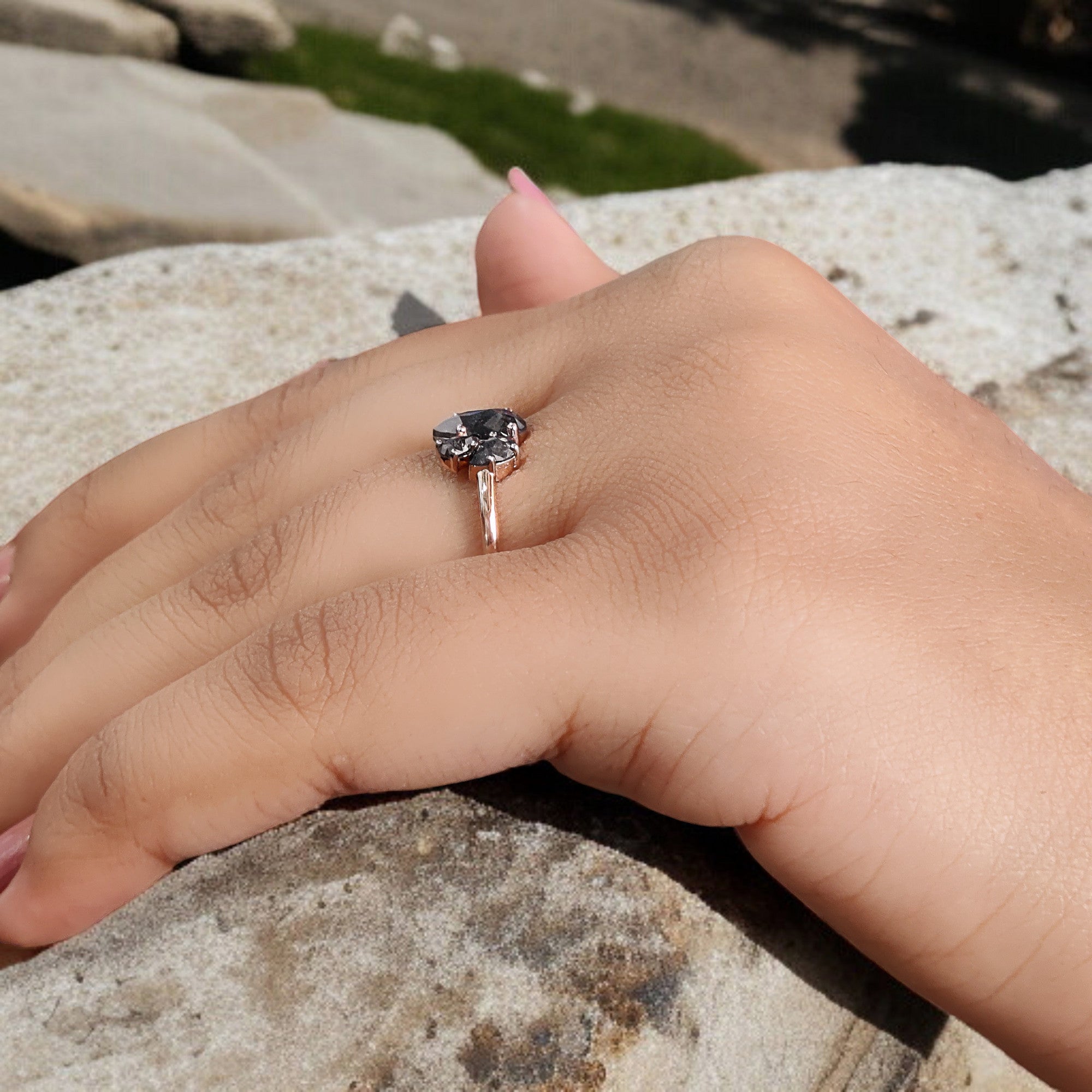 Pear Cut Salt And Pepper Diamond Ring 0.70 Ct 7.70 MM Pear Diamond Ring 14K Solid Rose Gold Silver Pear Engagement Ring Gift For Her QL1229