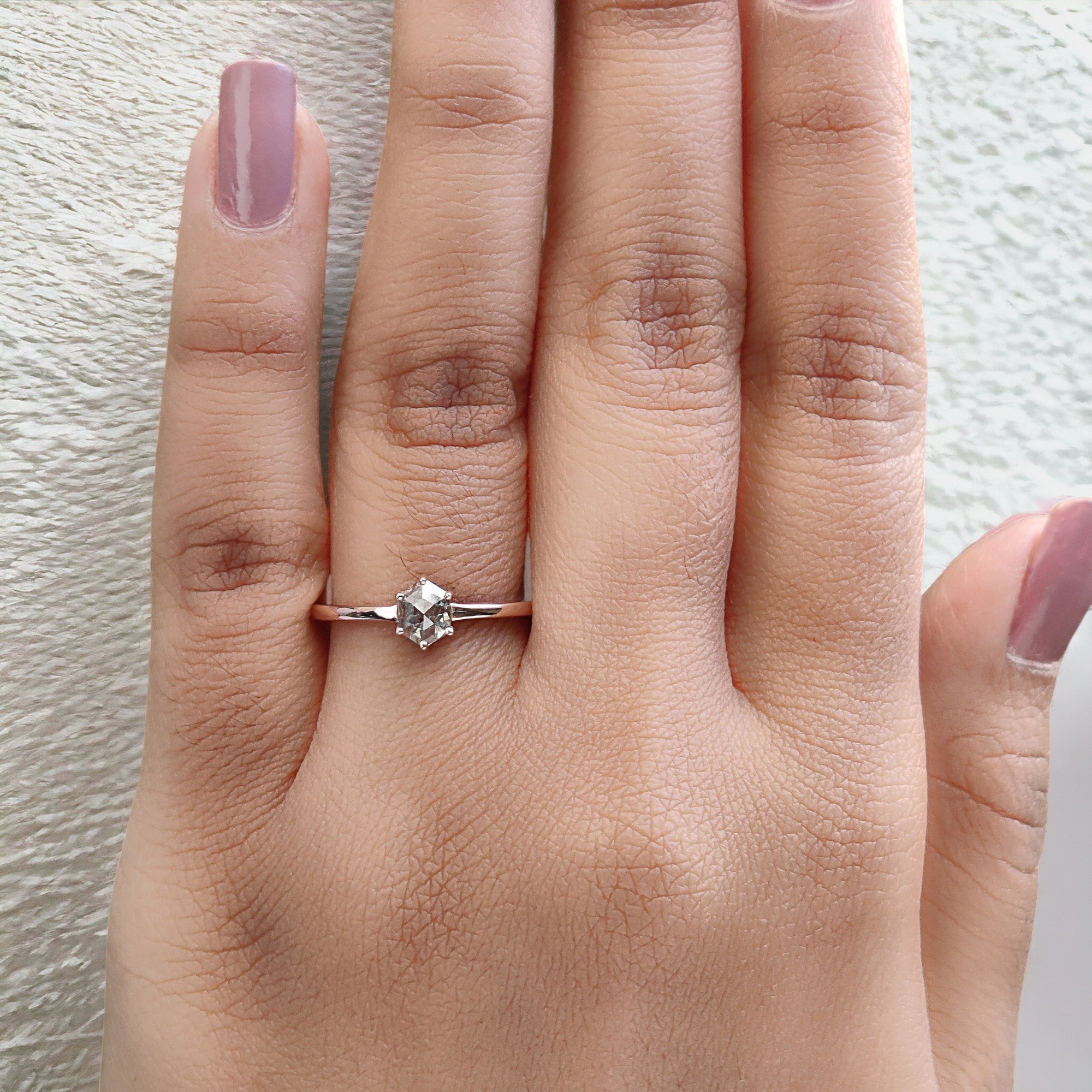 Hexagon Cut Salt And Pepper Diamond Ring 0.54 Ct 5.55 MM Hexagon Diamond Ring 14K Solid Rose Gold Silver Engagement Ring Gift For Her QN642