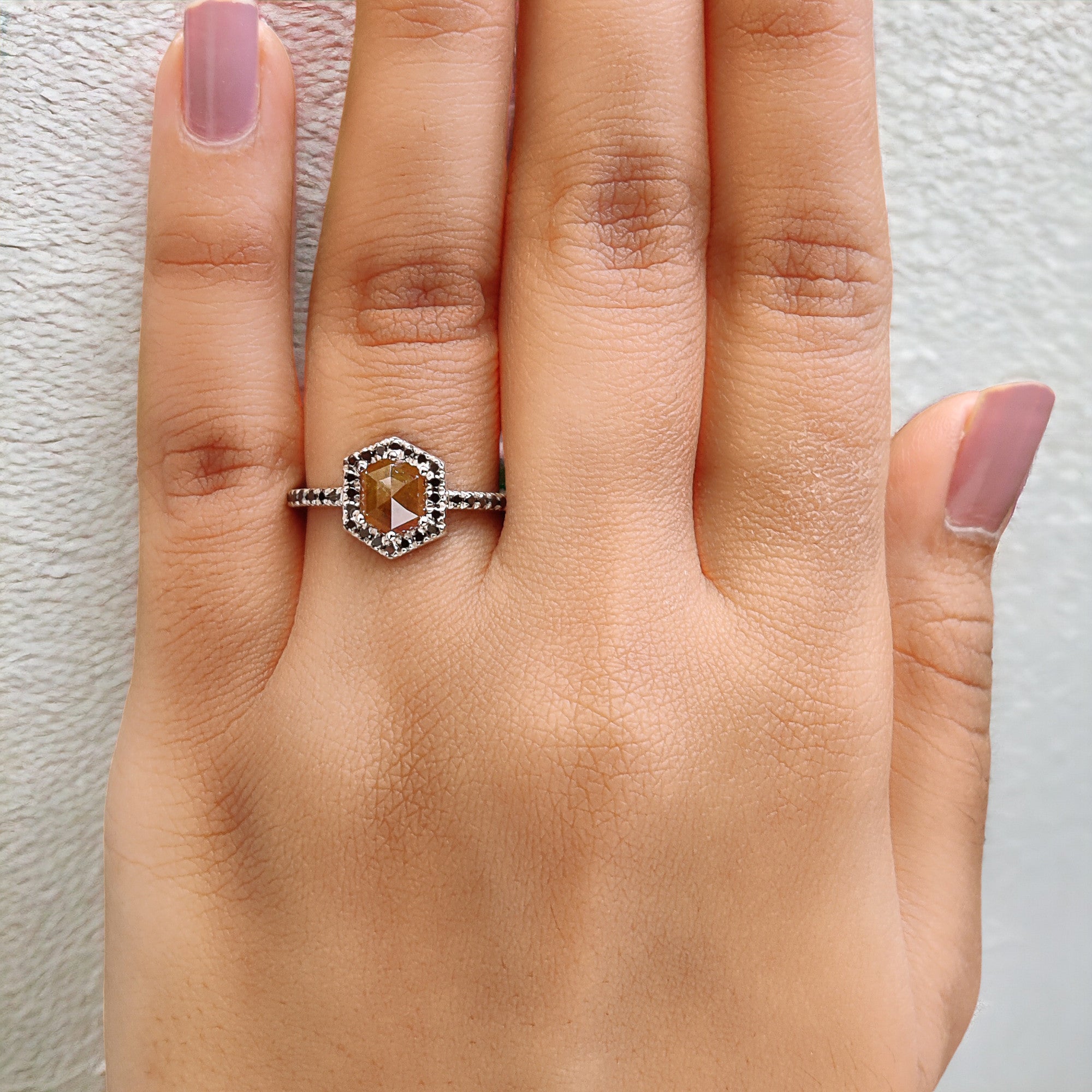 Hexagon Cut Yellow Color Diamond Ring 1.17 Ct 6.84 MM Hexagon Cut Diamond Ring 14K White Gold Silver Engagement Ring Gift For Her QL2220