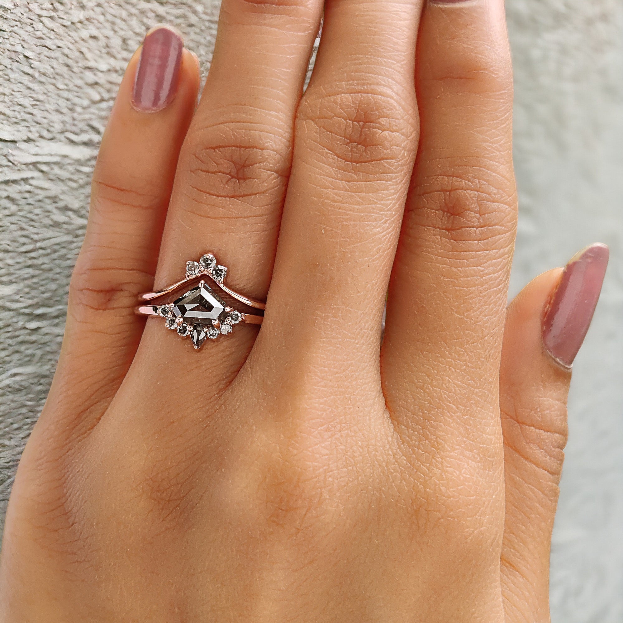 Shield Cut Salt And Pepper Diamond Ring 0.84 Ct 5.20 MM Shield Diamond Ring 14K Solid Rose Gold Silver Engagement Ring Gift For Her QN943