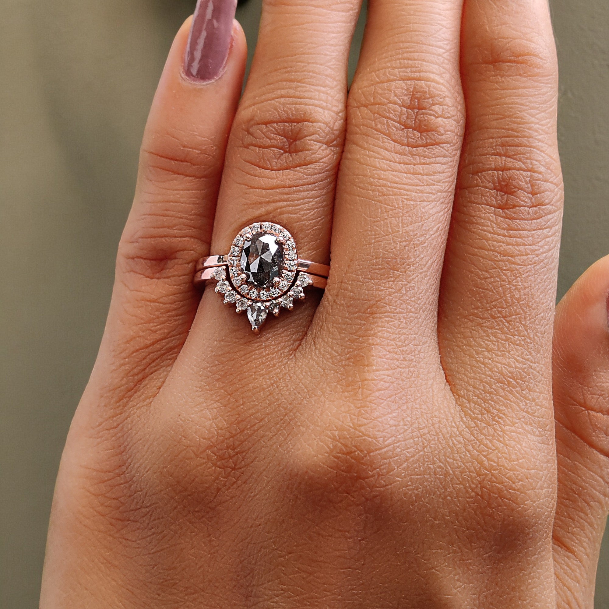 Oval Cut Salt And Pepper Diamond Ring 1.04 Ct 7.10 MM Oval Diamond Ring 14K Solid Rose Gold Silver Oval Engagement Ring Gift For Her QL324