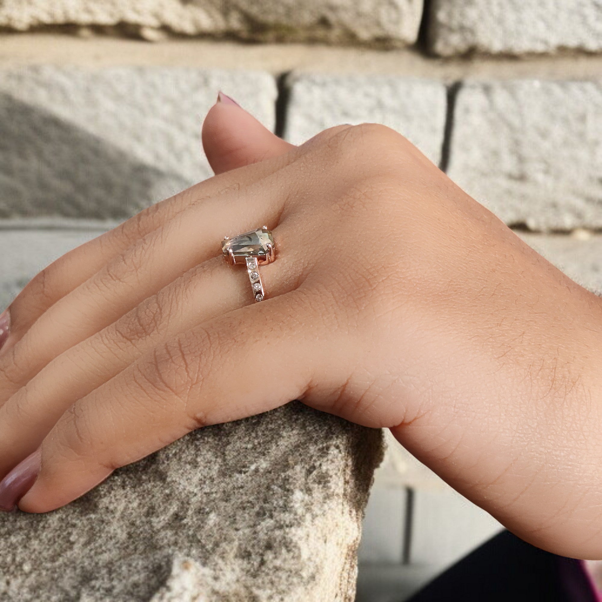 Coffin Cut Salt And Pepper Diamond Ring 1.43 Ct 8.35 MM Coffin Diamond Ring 14K Solid Rose Gold Silver Engagement Ring Gift For Her QL387