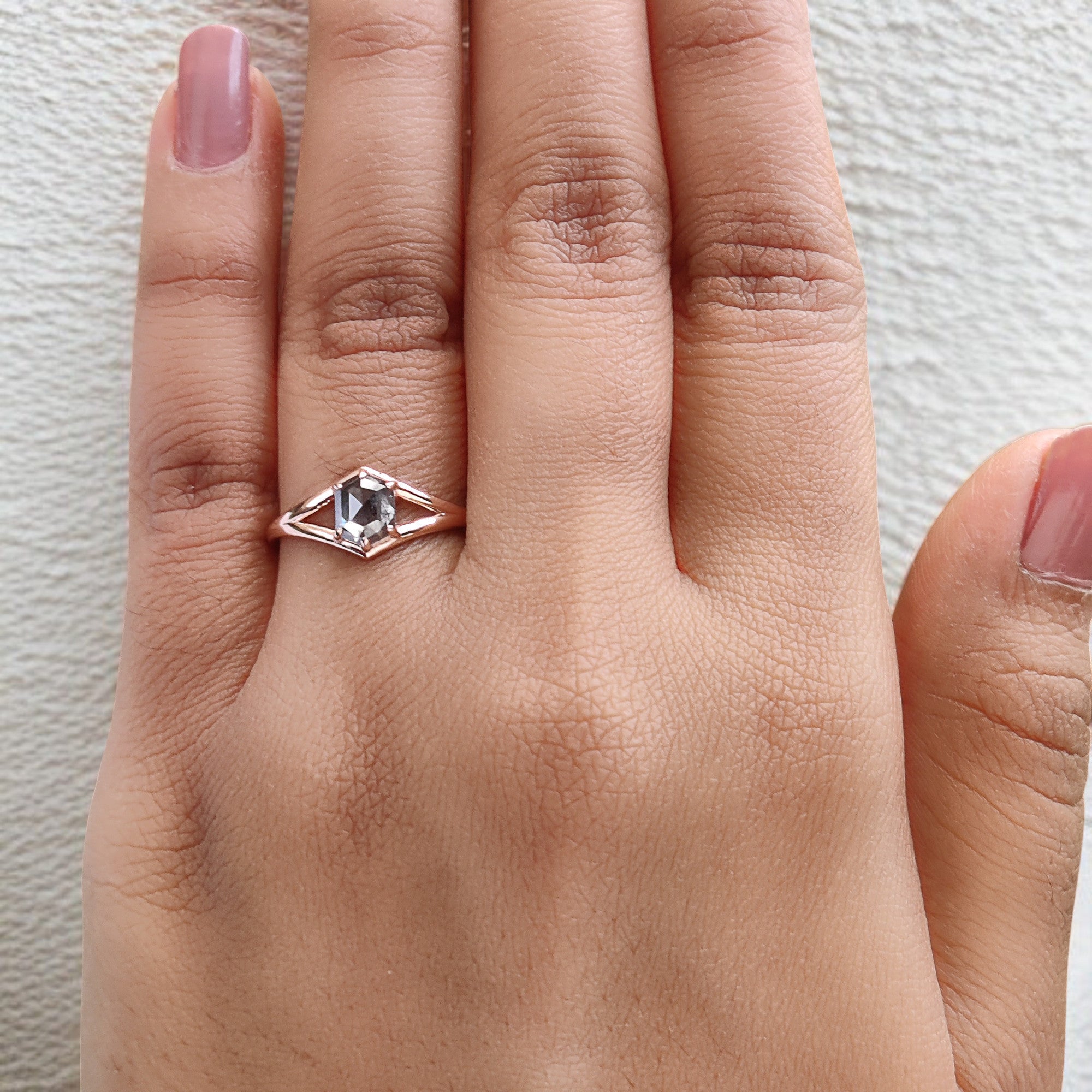 Hexagon Cut Salt And Pepper Diamond Ring 0.78 Ct 6.30 MM Hexagon Cut Diamond Ring 14K Rose Gold Silver Engagement Ring Gift For Her QL1403