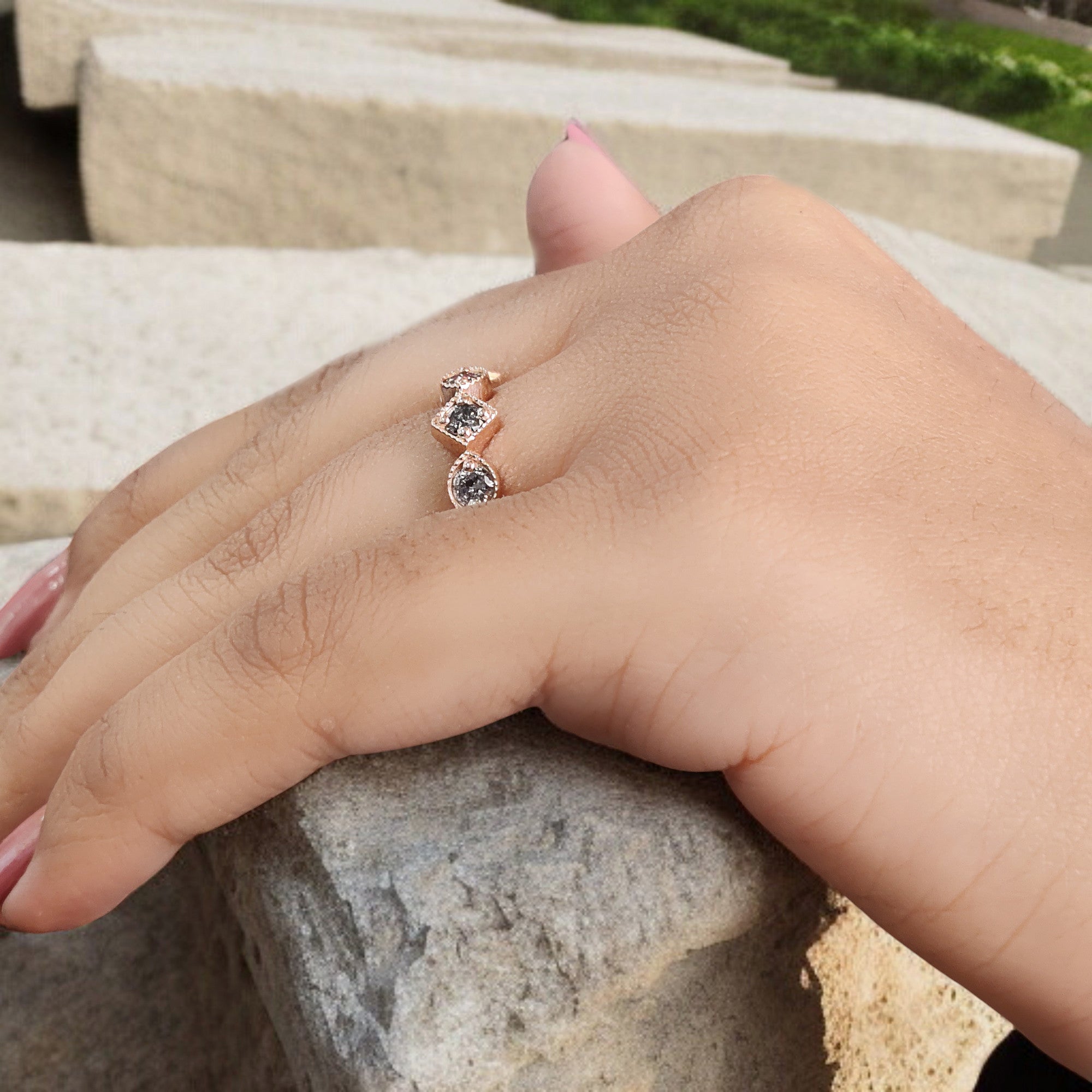 Round Cut Salt And Pepper Diamond Ring 0.81 Ct 3.30 MM Round Diamond Ring 14K Solid Rose Gold Silver Engagement Ring Gift For Her QL1386