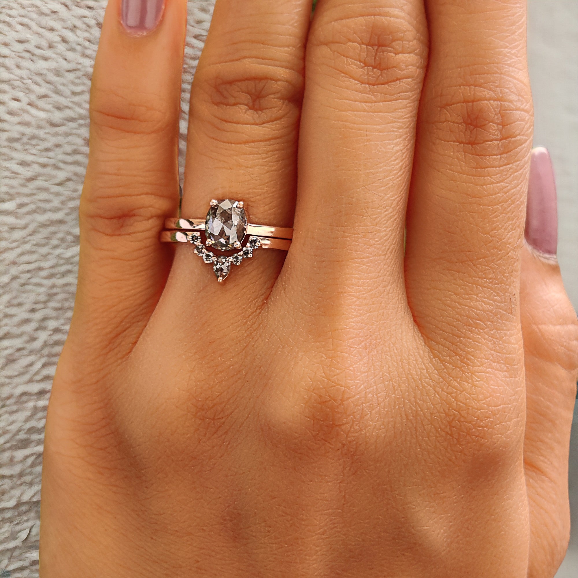 Oval Cut Salt And Pepper Diamond Ring 1.00 Ct 6.55 MM Oval Diamond Ring 14K Solid Rose Gold Silver Oval Engagement Ring Gift For Her QL761