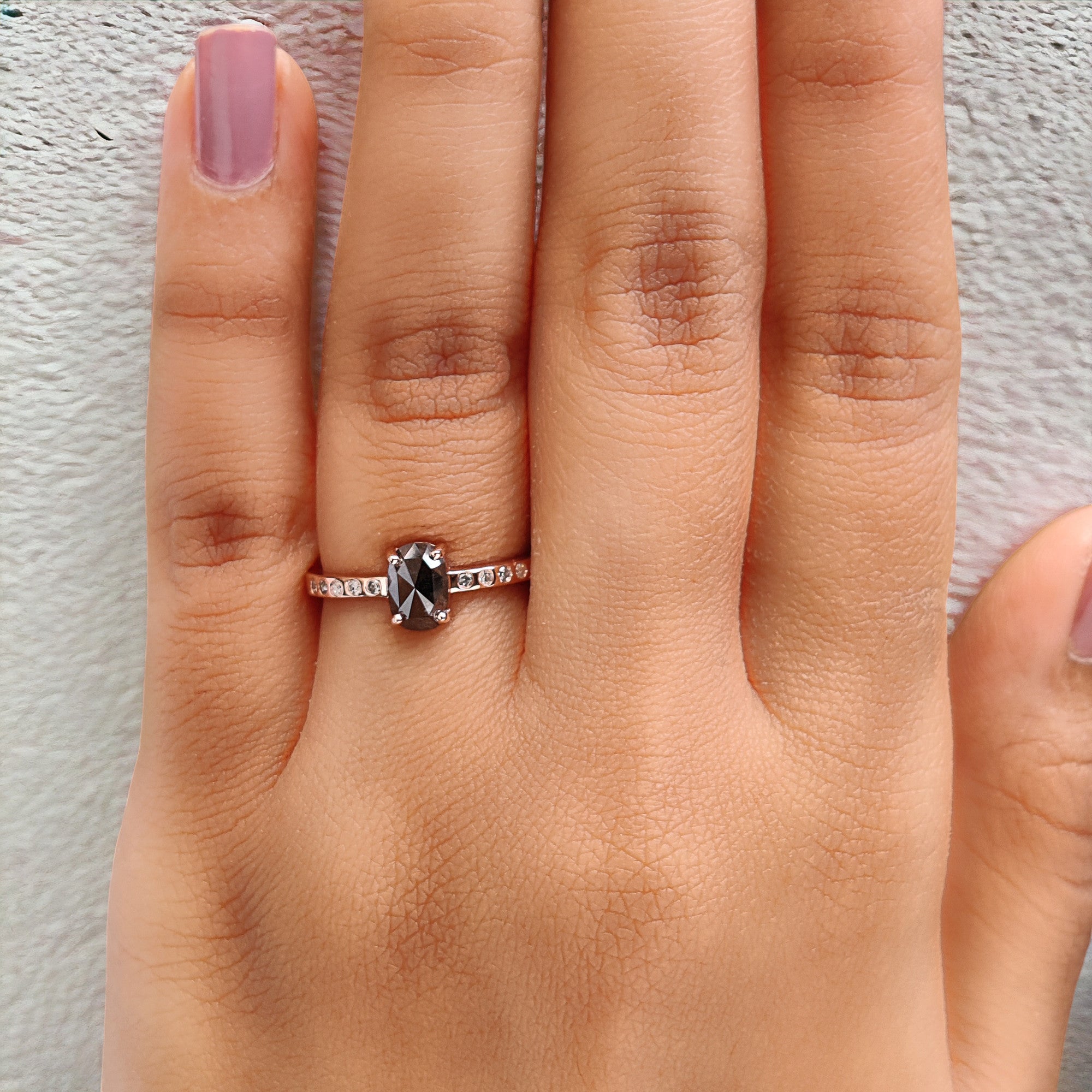 Oval Cut Salt And Pepper Diamond Ring 0.82 Ct 6.70 MM Oval Diamond Ring 14K Solid Rose Gold Silver Oval Engagement Ring Gift For Her QK1066