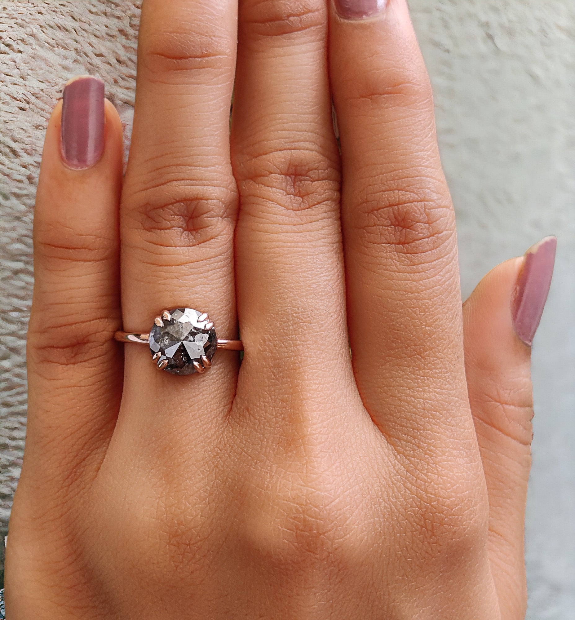 Round Rose Cut Salt And Pepper Diamond Ring 2.32 Ct 8.54 MM Round Diamond Ring 14K Rose Gold Silver Engagement Ring Gift For Her QL2435