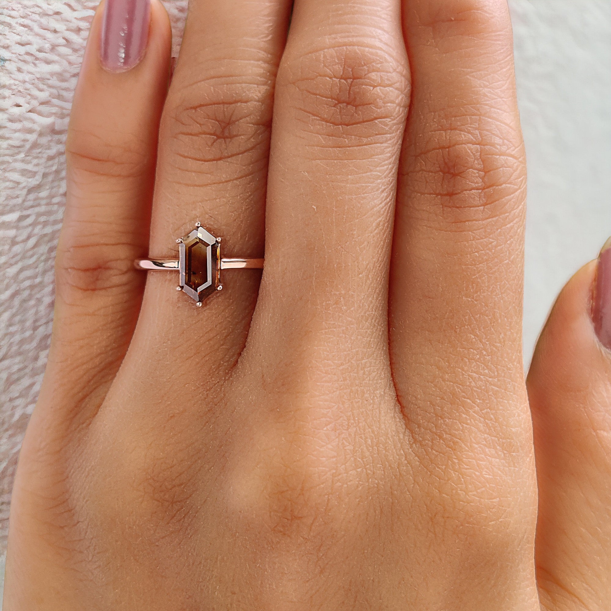 Hexagon Brown Color Diamond Ring 0.93 Ct 8.80 MM Hexagon Shape Diamond Ring 14K Solid Rose Gold Silver Engagement Ring Gift For Her QL1657