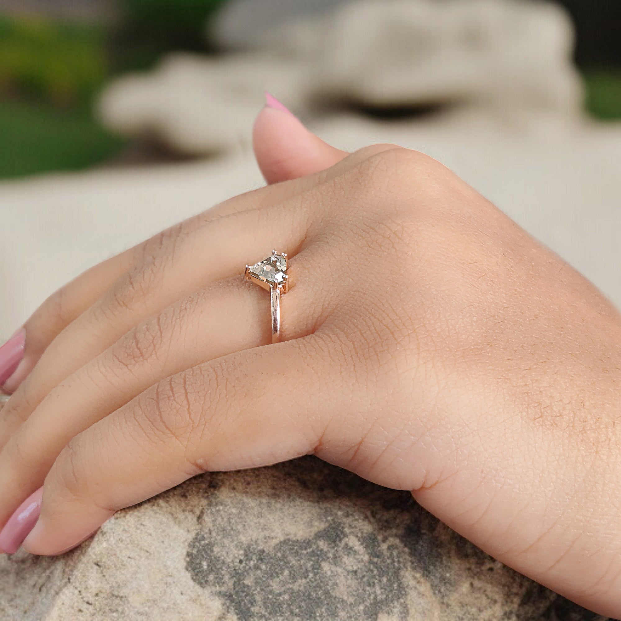 Shield Cut Salt And Pepper Diamond Ring 0.73 Ct 5.79 MM Shield Diamond Ring 14K Solid Rose Gold Silver Engagement Ring Gift For Her QL9513