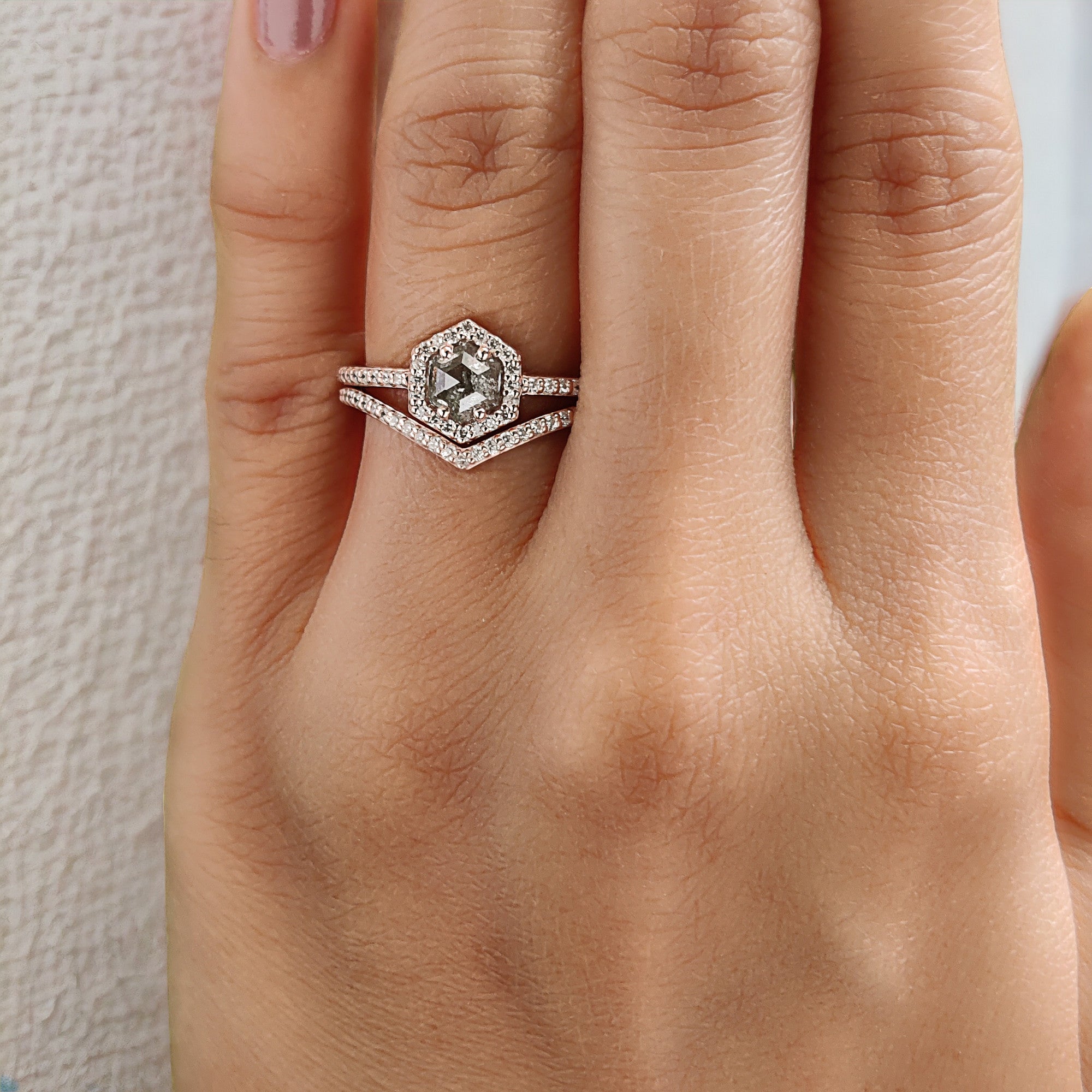 Hexagon Salt And Pepper Diamond Ring 0.58 Ct 5.45 MM Hexagon Cut Diamond Ring 14K Solid Rose Gold Silver Engagement Ring Gift For Her QN536